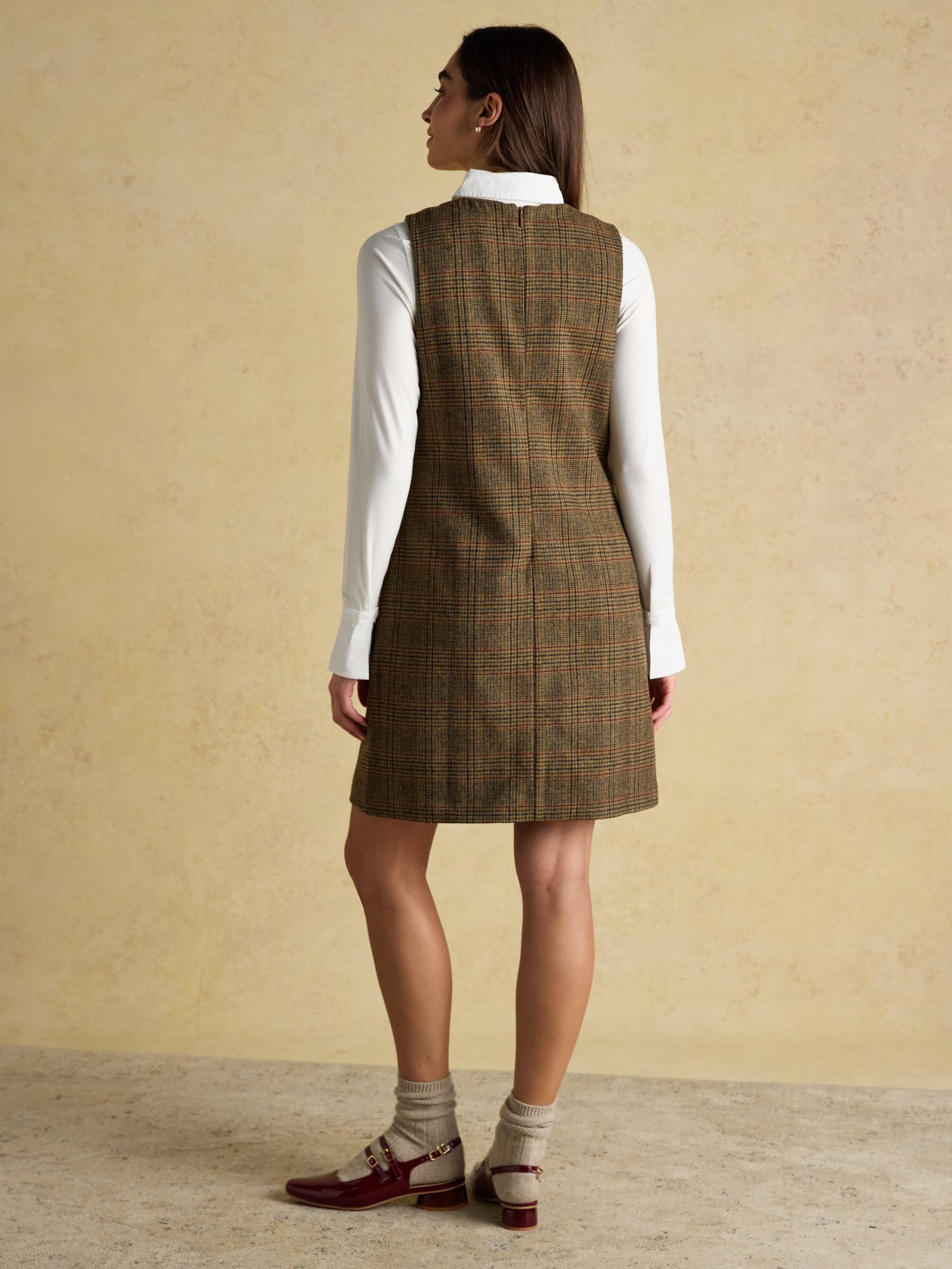 Edwina Brown Check Shift Tweed Wool Blend Sleeveless Dress with
