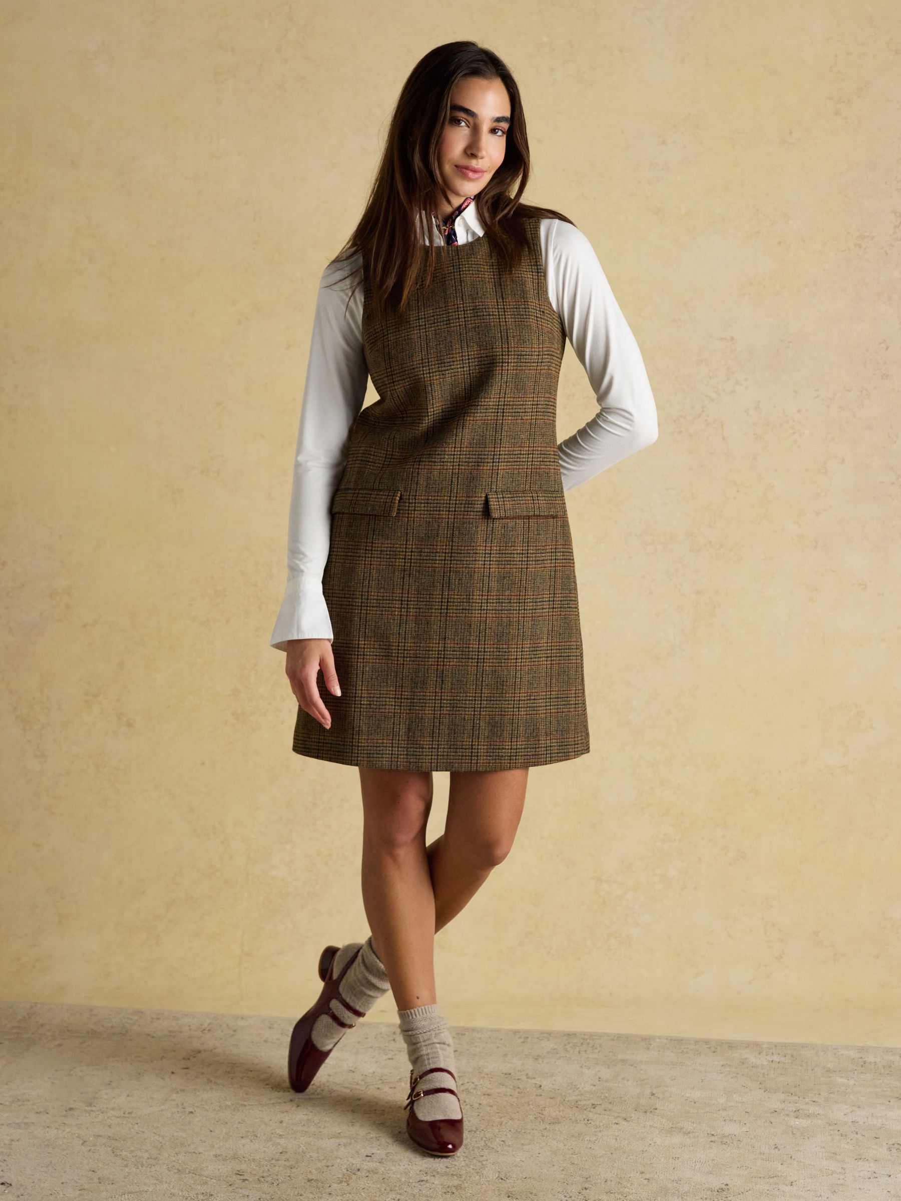 Edwina Brown Check Shift Tweed Wool Blend Sleeveless Dress with Round Neck - Image 7 of 11