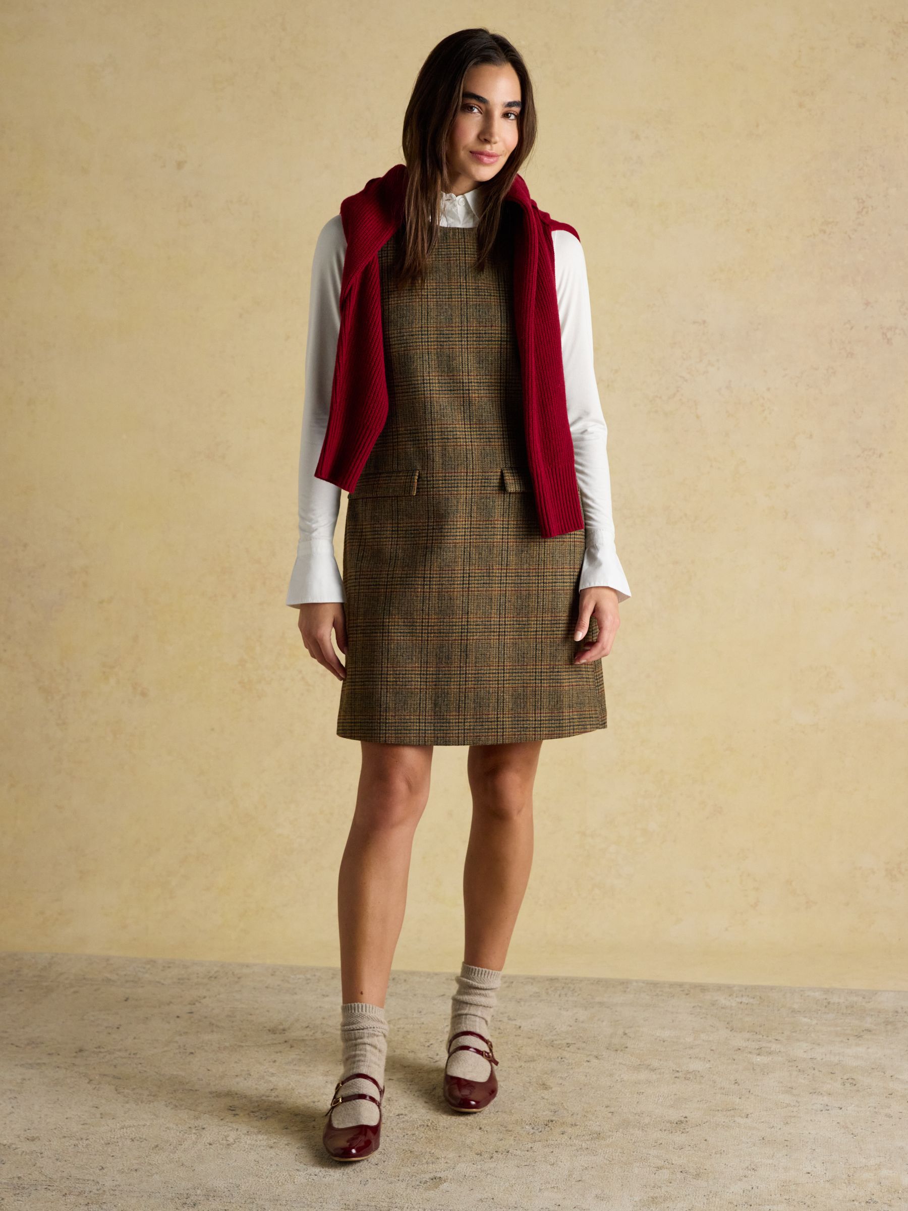 Edwina Brown Check Shift Tweed Wool Blend Sleeveless Dress with Round Neck - Image 9 of 11