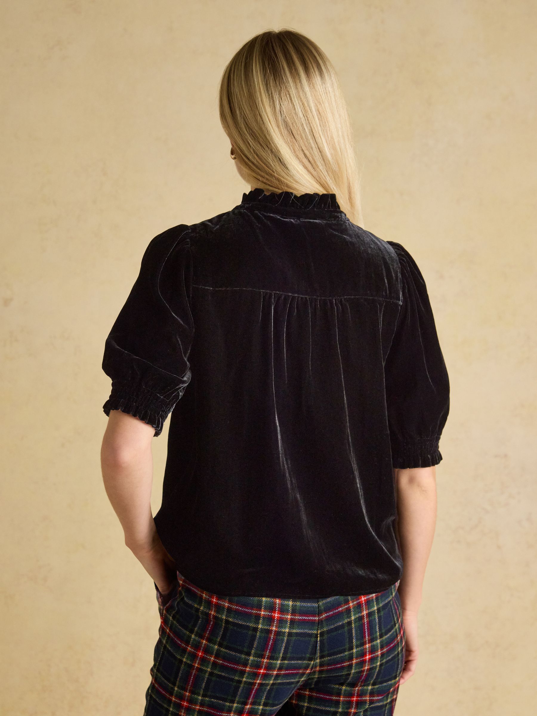 Silvia Black Smocked Velvet Short Sleeve Blouse - Image 2 of 6