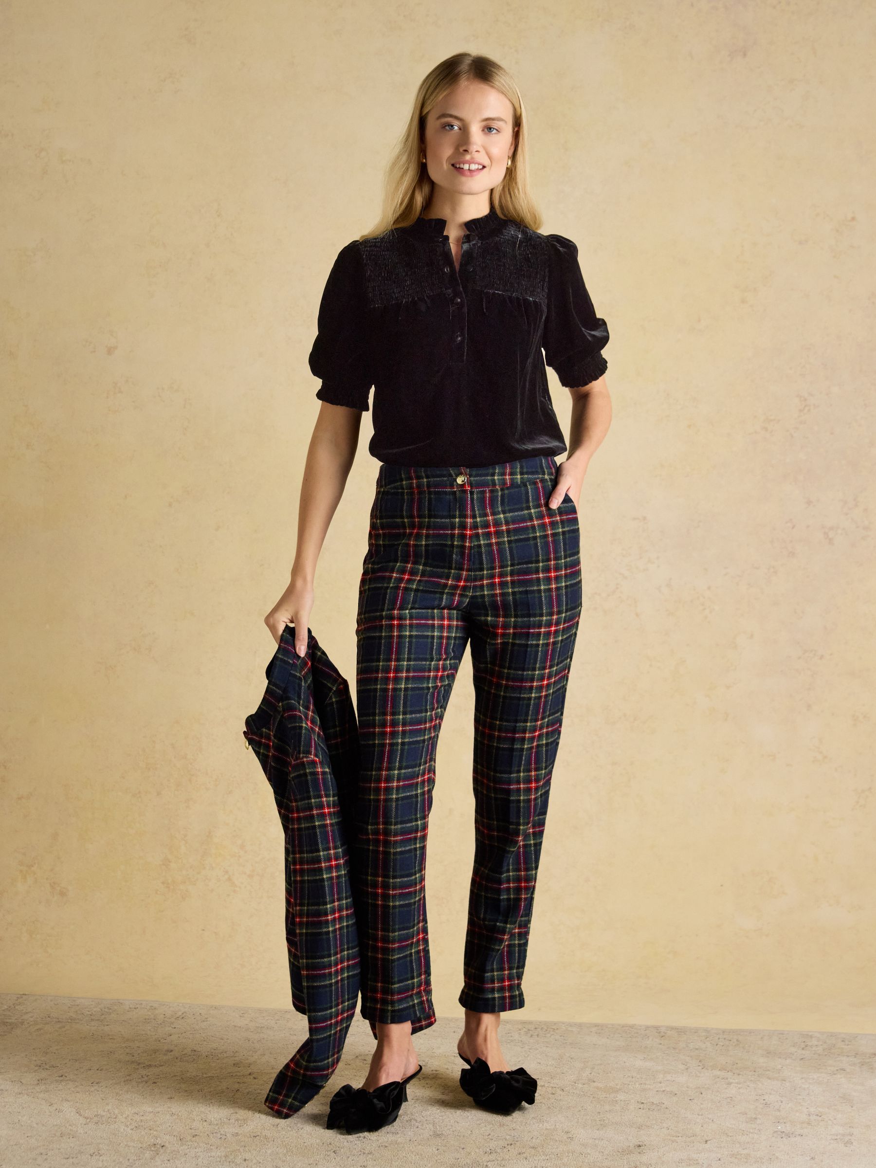 Silvia Black Smocked Velvet Short Sleeve Blouse - Image 5 of 6