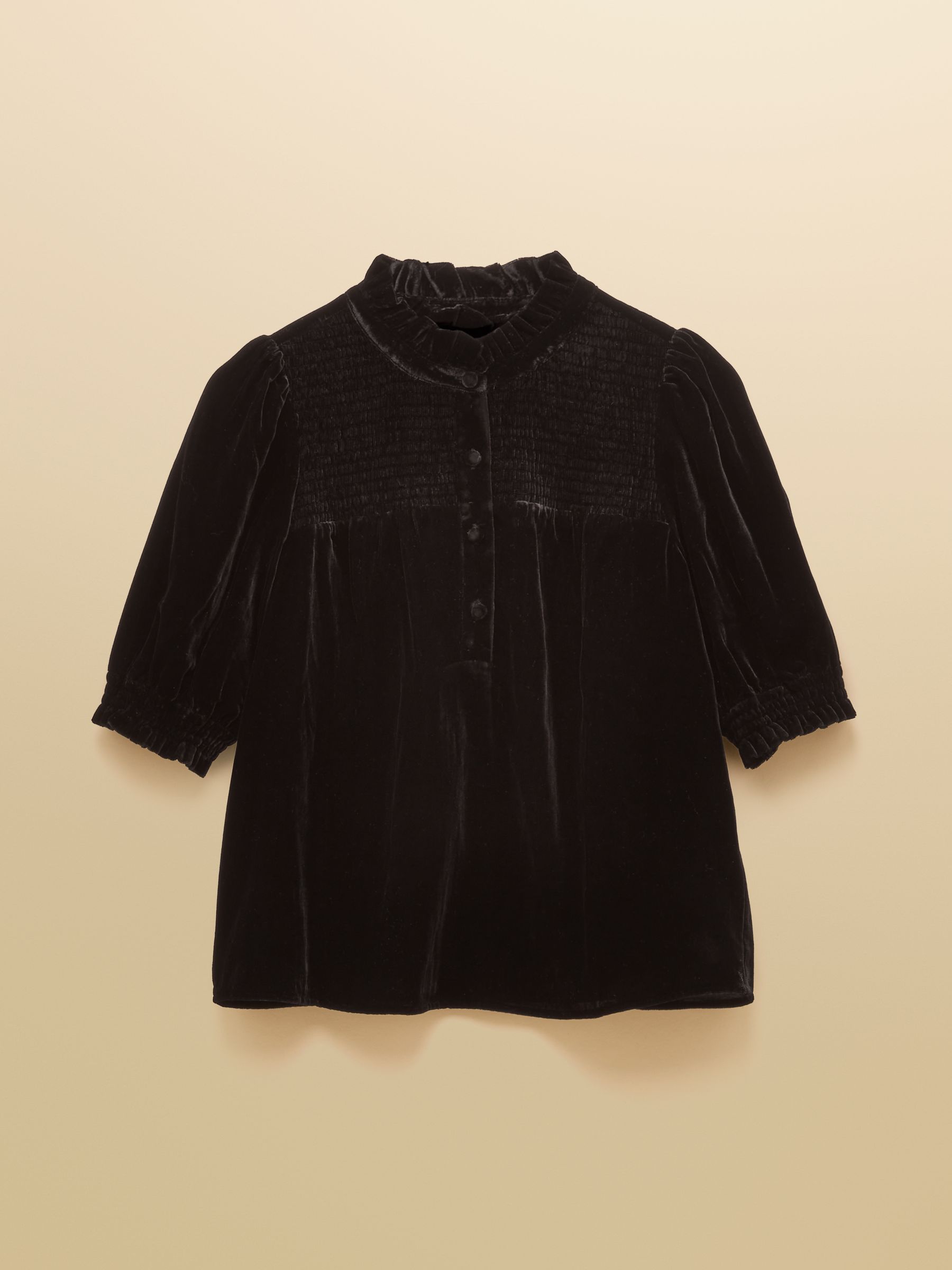 Silvia Black Smocked Velvet Short Sleeve Blouse - Image 6 of 6