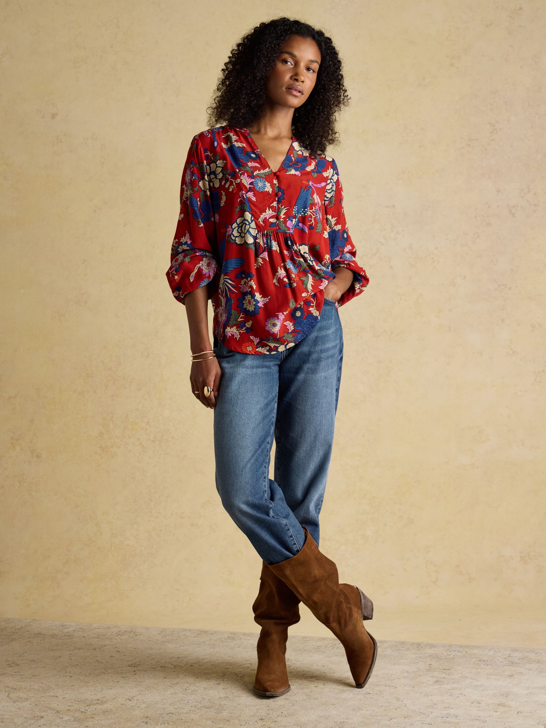 Ava Red Floral Long Sleeve Popover Blouse - Image 3 of 9
