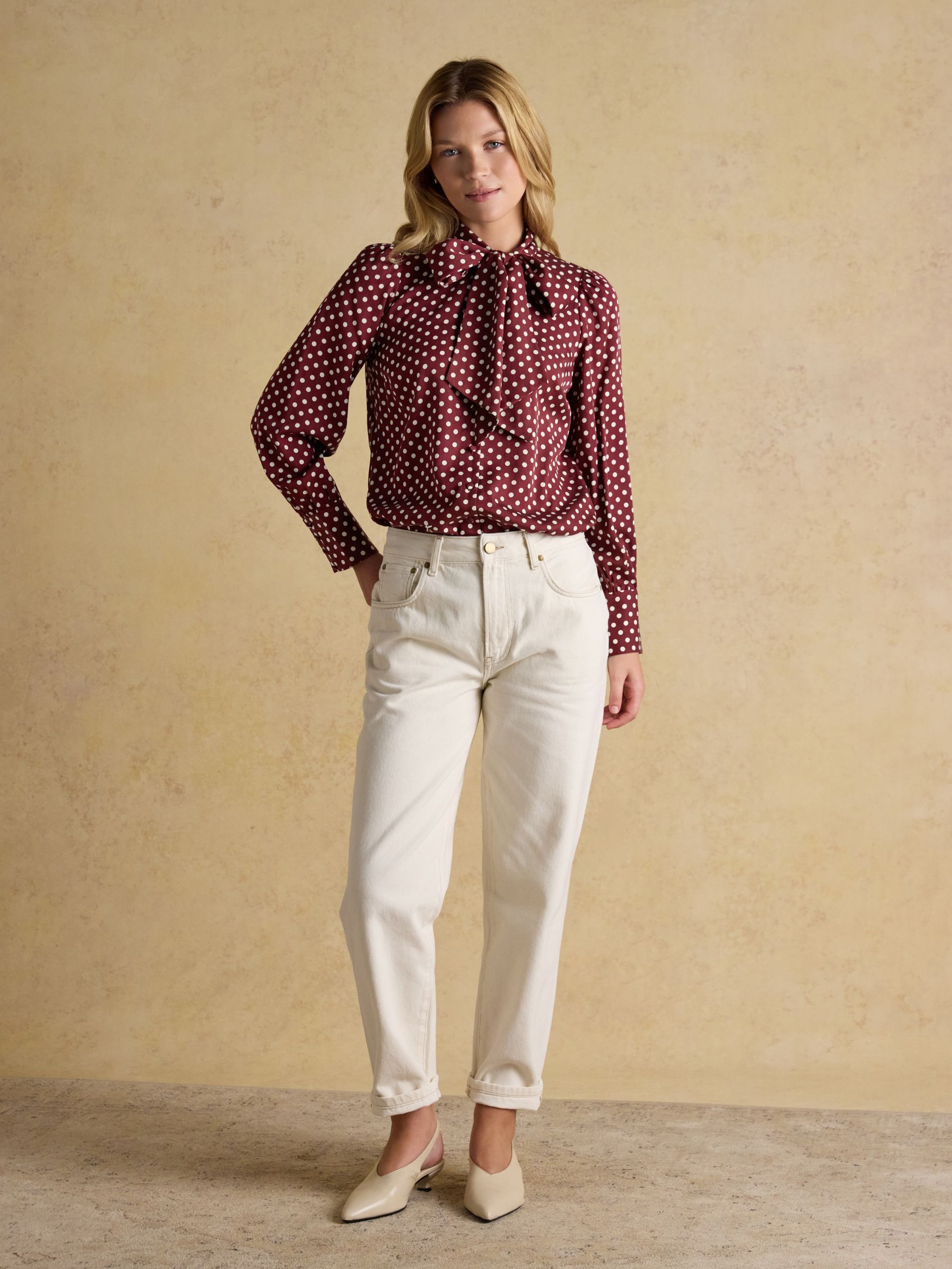 Tabby Burgundy Red Tie Neck Long Sleeve Blouse with Button Fastening - Image 10 of 11