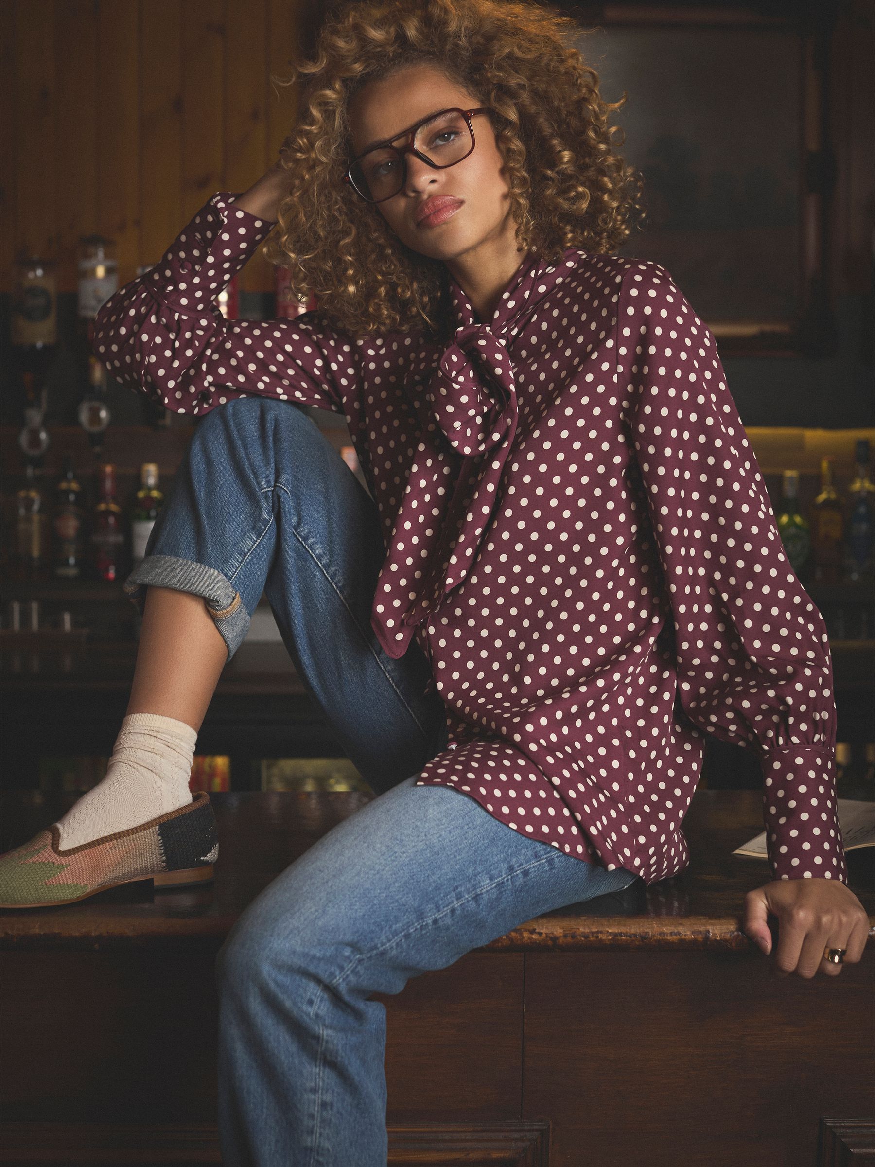 Tabby Burgundy Red Tie Neck Long Sleeve Blouse with Button Fastening - Image 2 of 11