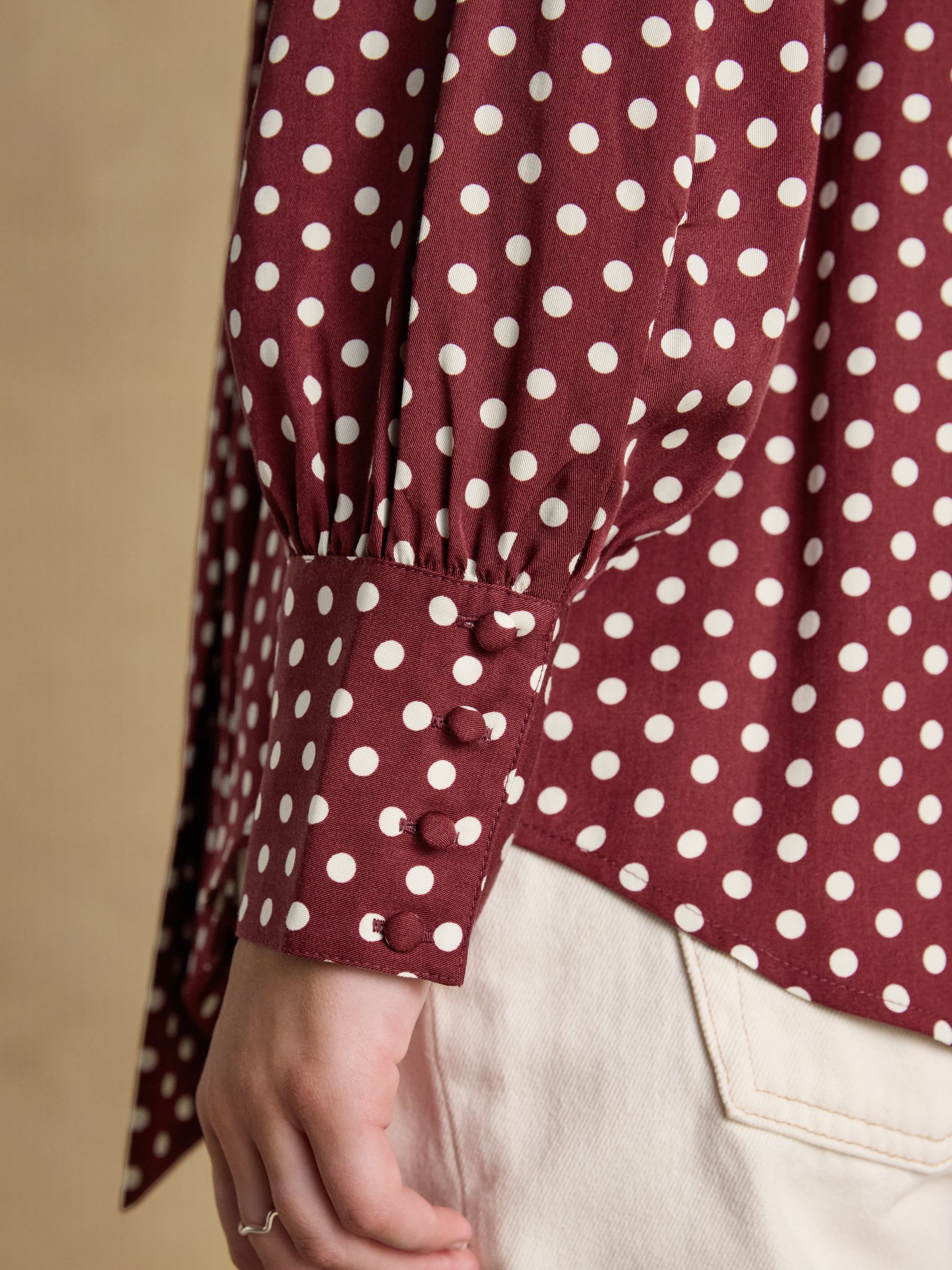 Tabby Burgundy Red Tie Neck Long Sleeve Blouse with Button Fastening - Image 6 of 11