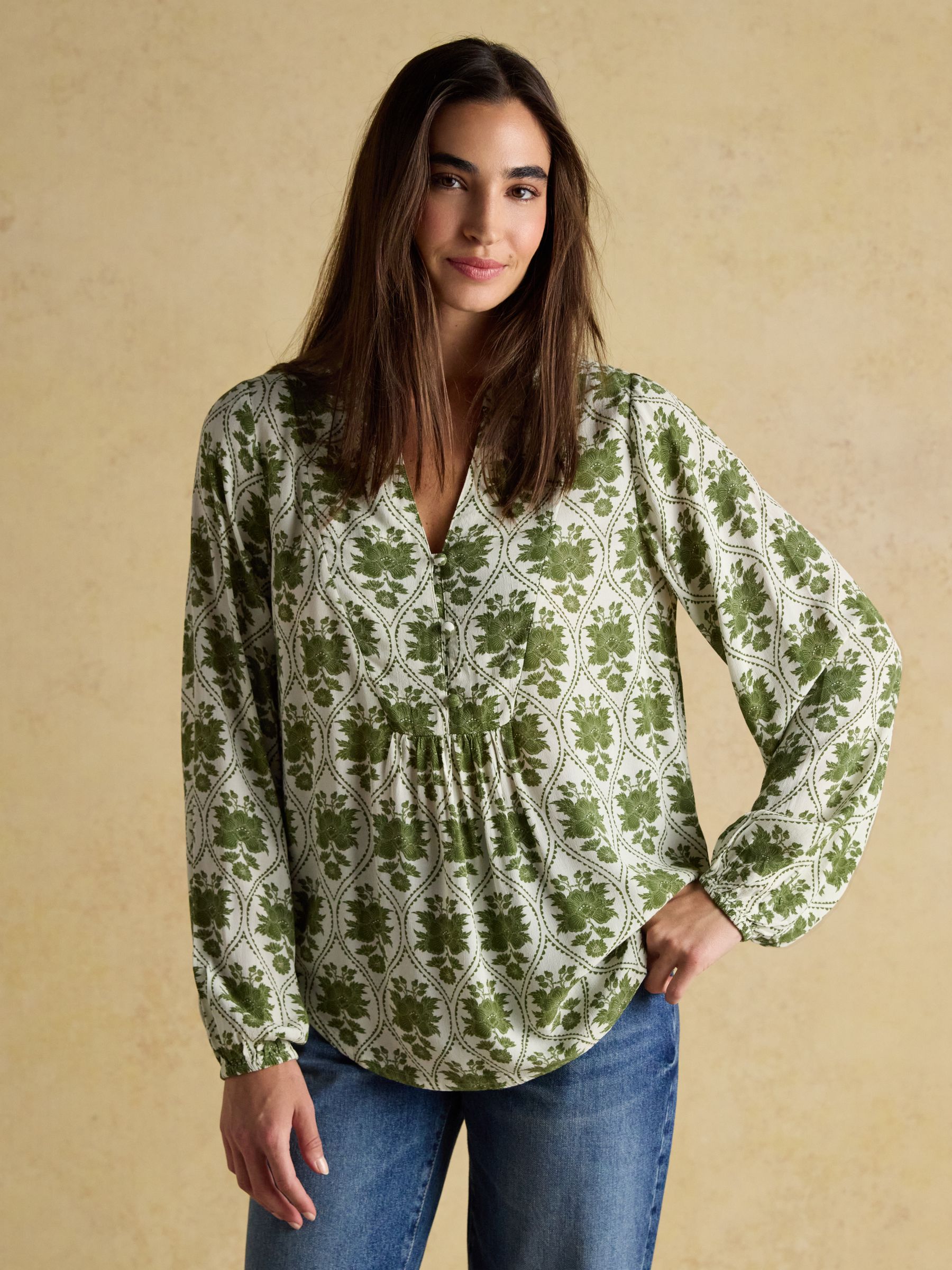 Ava Khaki Green Floral Long Sleeve Popover Blouse - Image 1 of 7