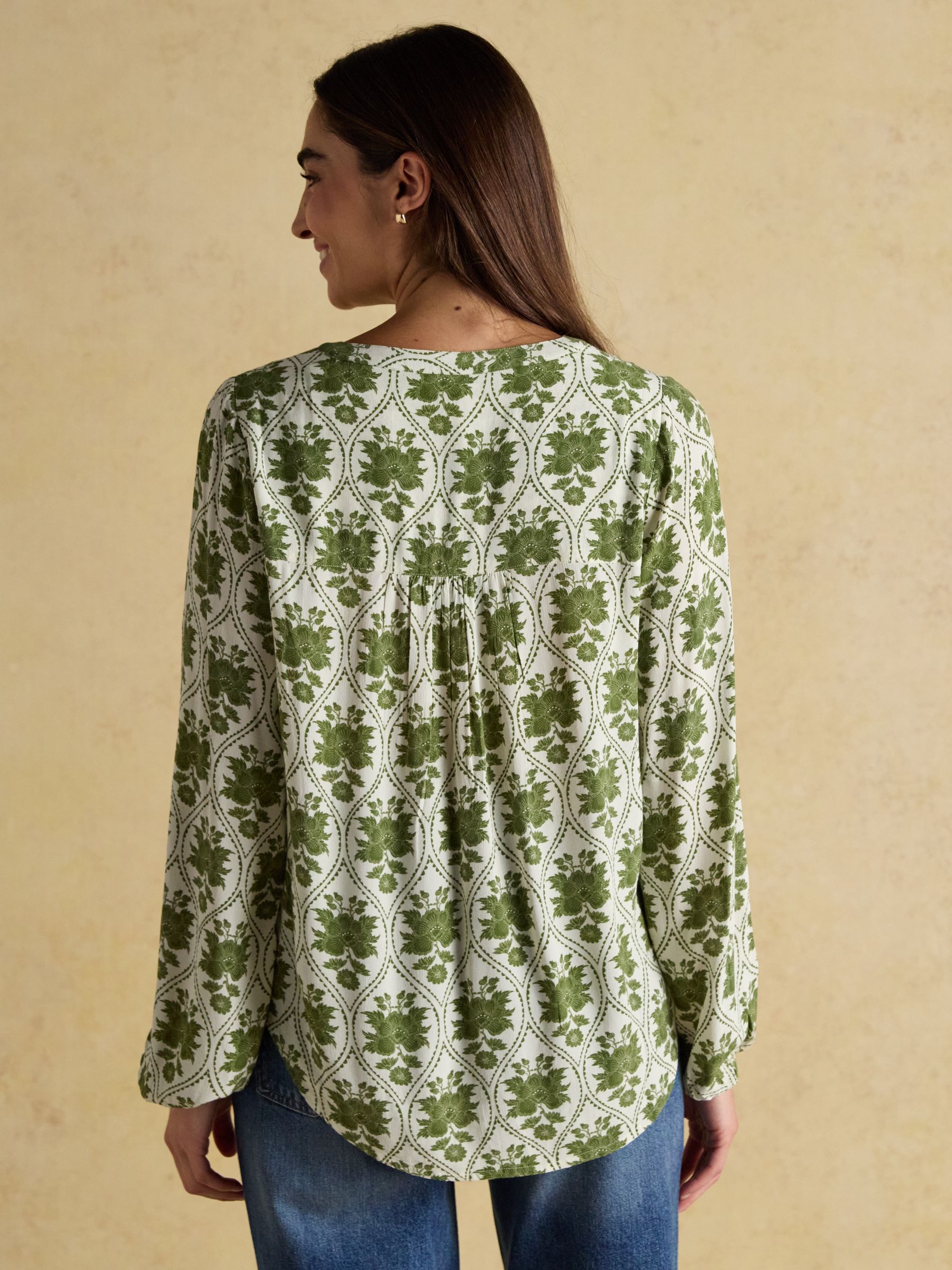 Ava Khaki Green Floral Long Sleeve Popover Blouse - Image 2 of 7