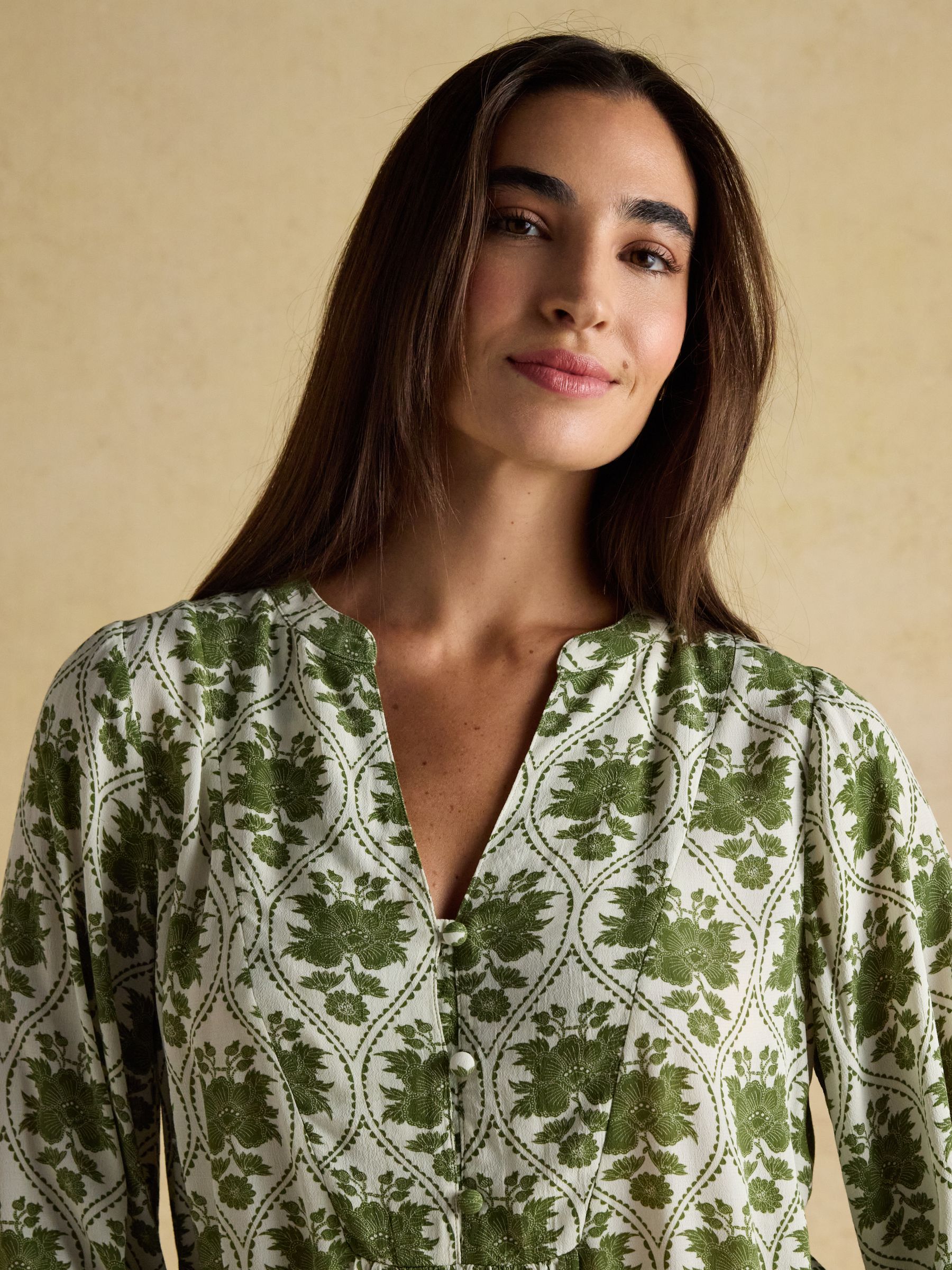Ava Khaki Green Floral Long Sleeve Popover Blouse - Image 3 of 7