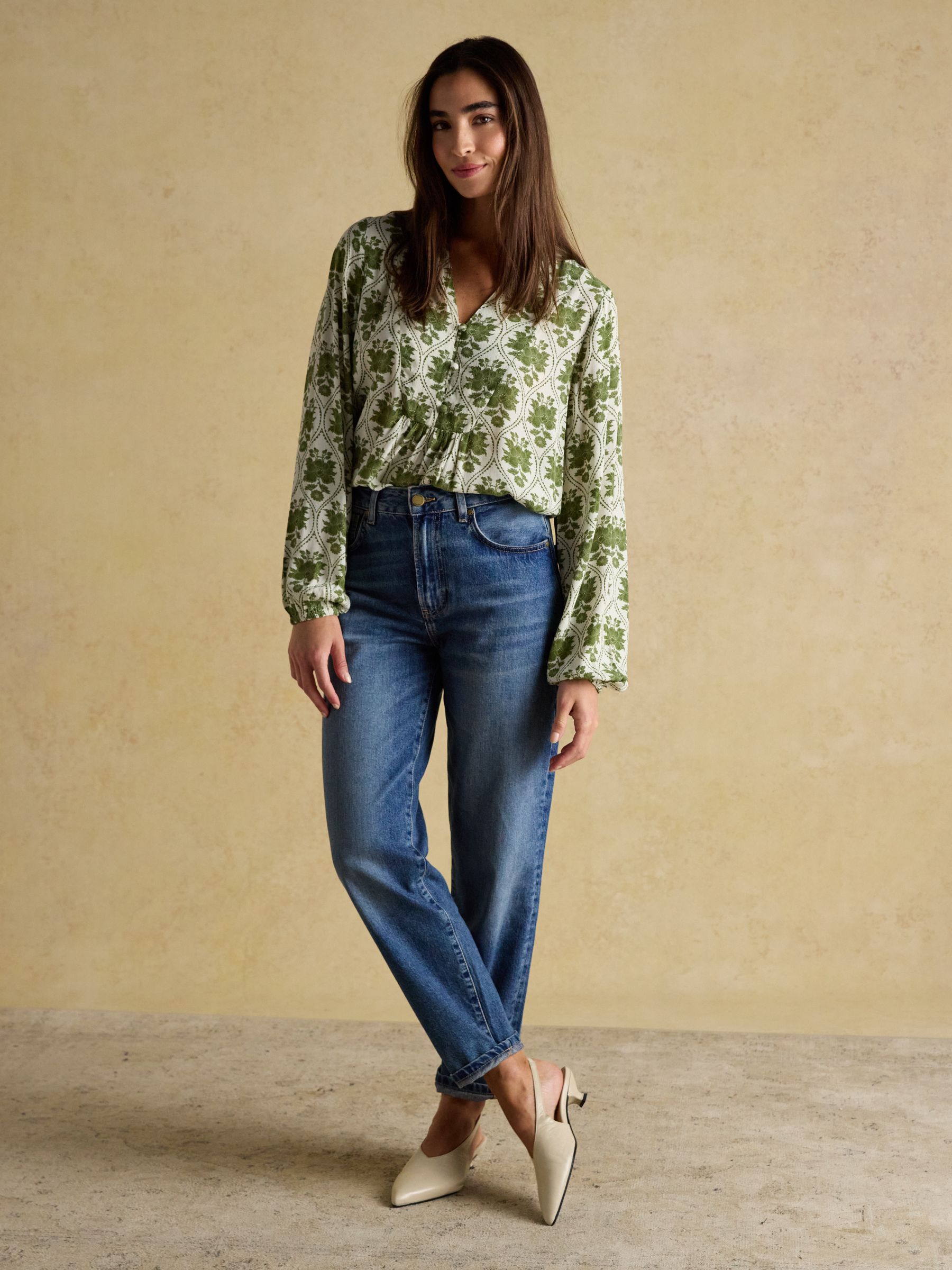 Ava Khaki Green Floral Long Sleeve Popover Blouse - Image 5 of 7