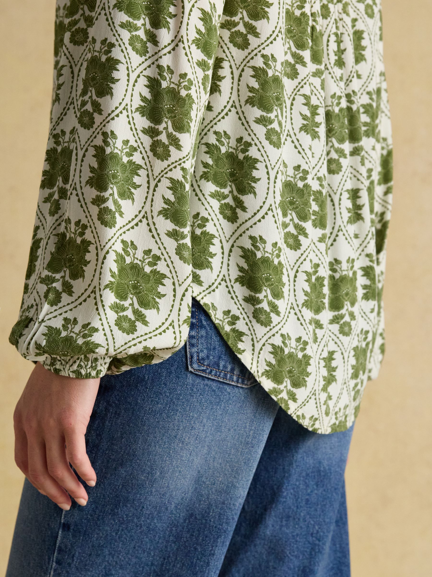 Ava Khaki Green Floral Long Sleeve Popover Blouse - Image 6 of 7