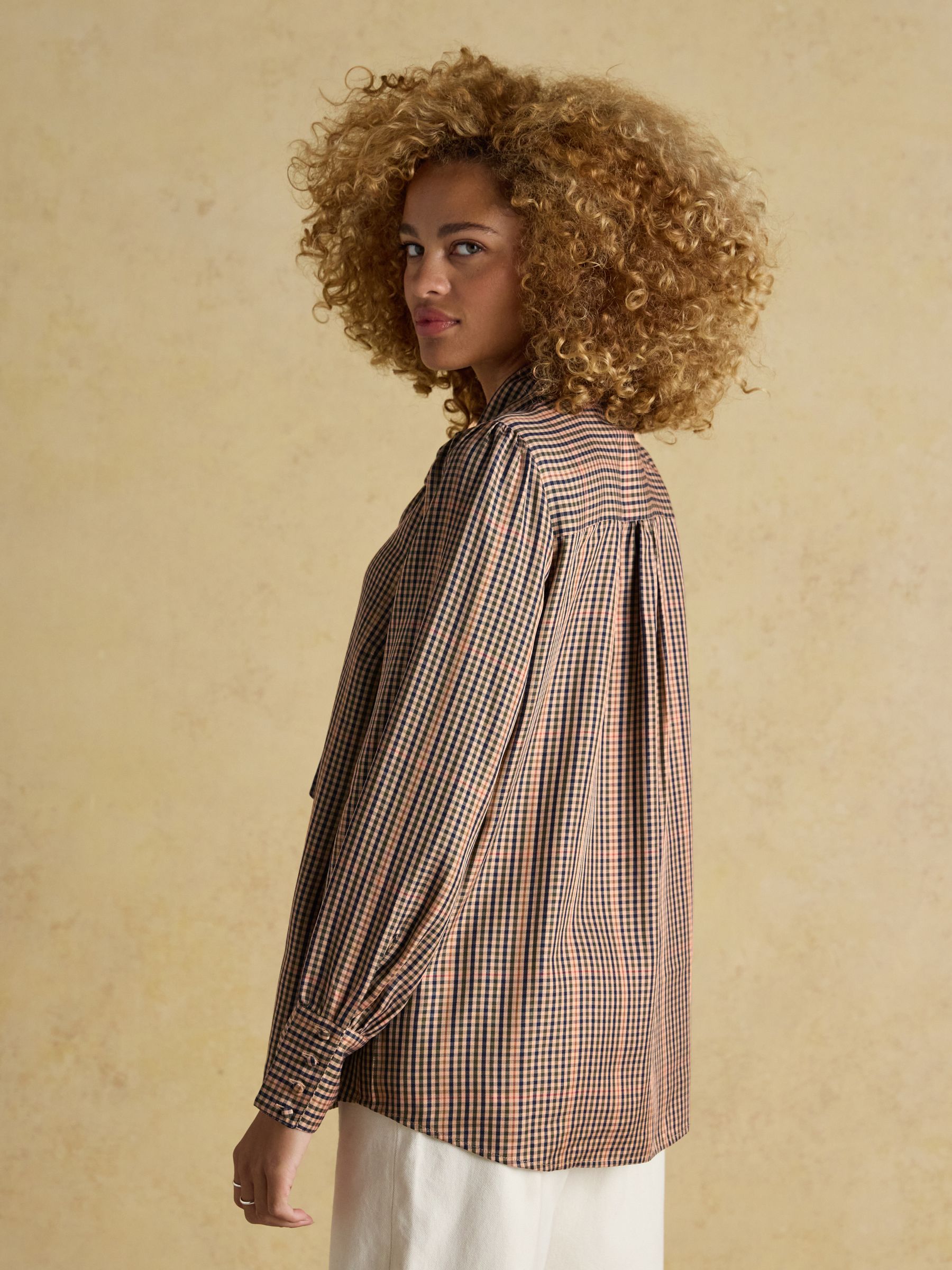 Tabby Brown Check Tie Neck Long Sleeve Blouse with Button Fastening - Image 2 of 10