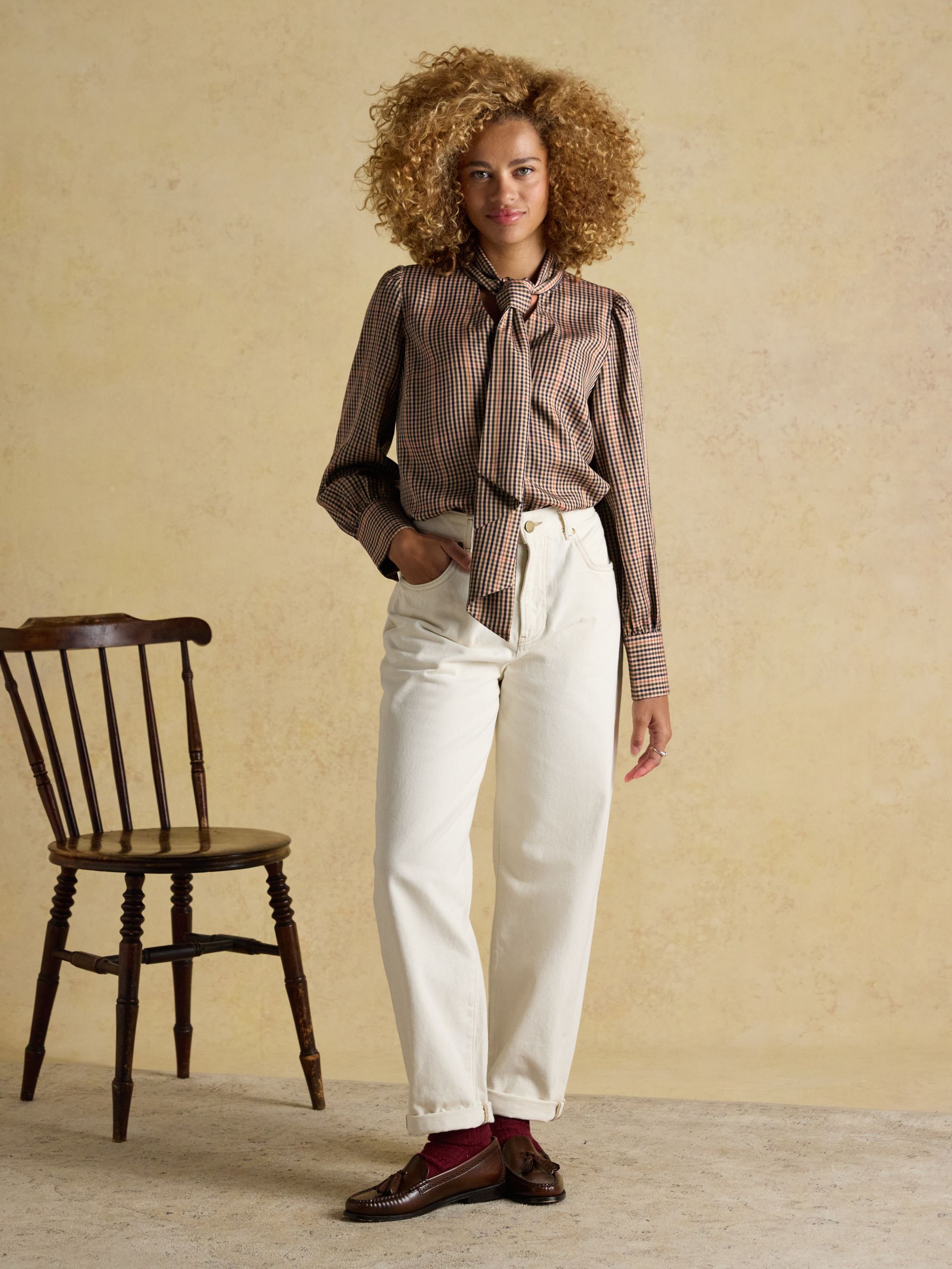 Tabby Brown Check Tie Neck Long Sleeve Blouse with Button Fastening - Image 3 of 10