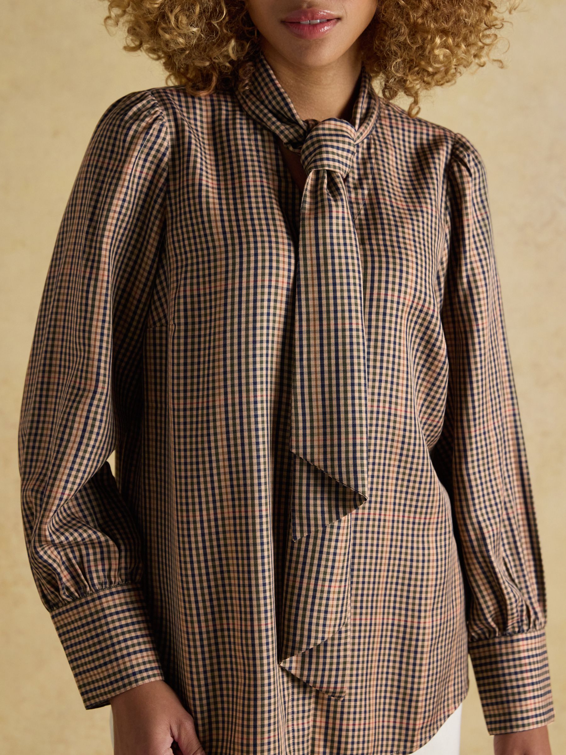 Tabby Brown Check Tie Neck Long Sleeve Blouse with Button Fastening - Image 7 of 10