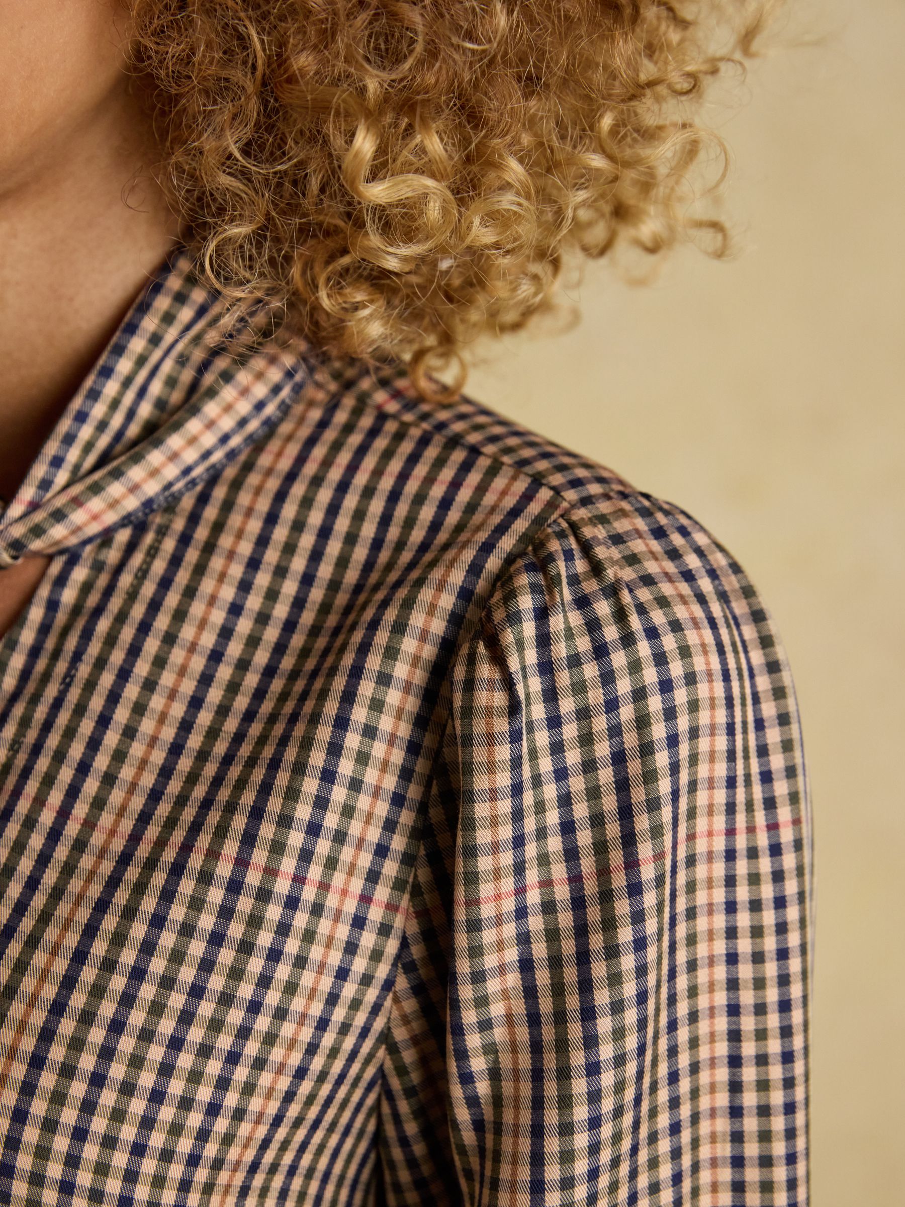 Tabby Brown Check Tie Neck Long Sleeve Blouse with Button Fastening - Image 9 of 10