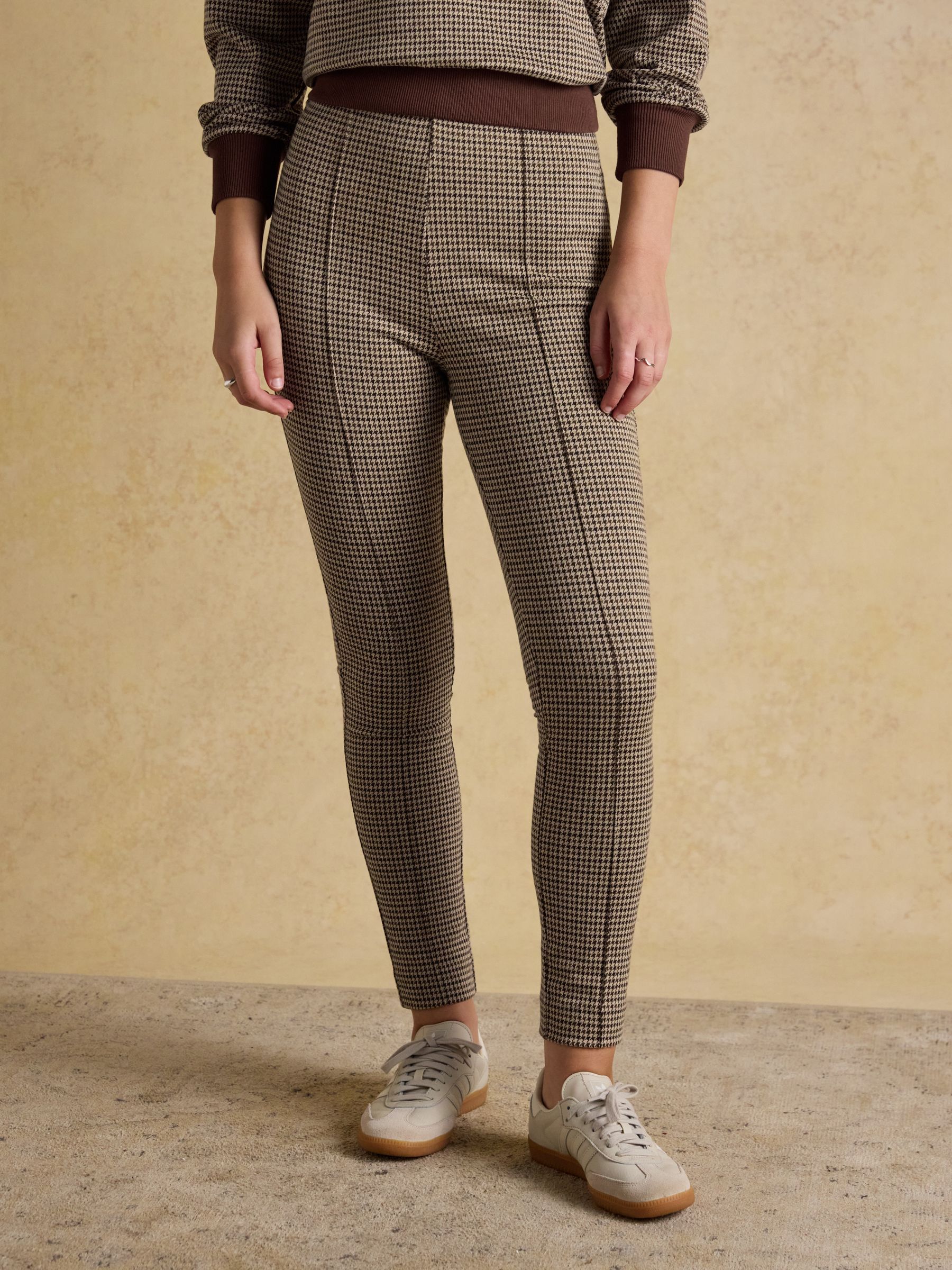 Mia Brown Checked Skinny Elasticated Trousers with Zip Fly - Image 5 of 10