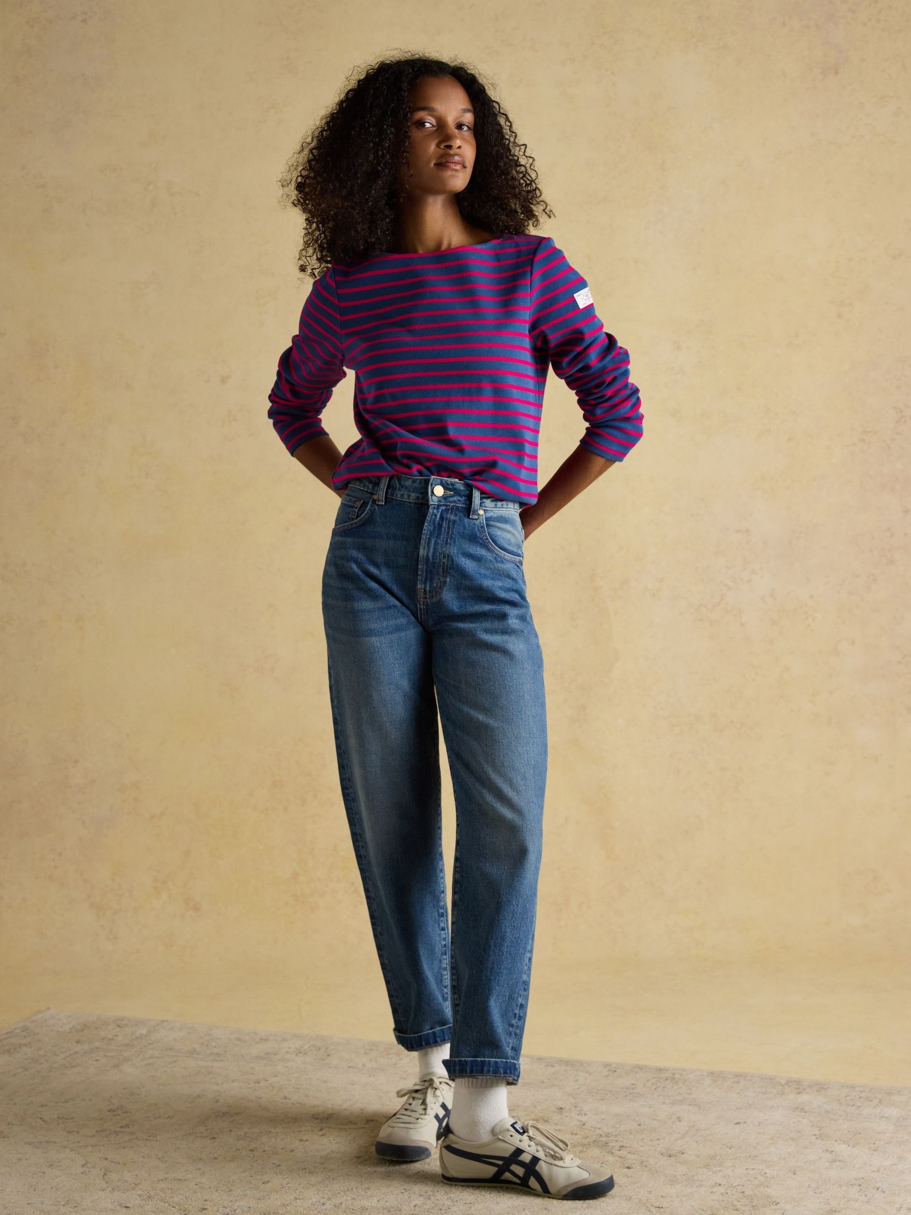 Harbour Red/Blue Boat Neck Long Sleeve Breton Stripe Top | Joules