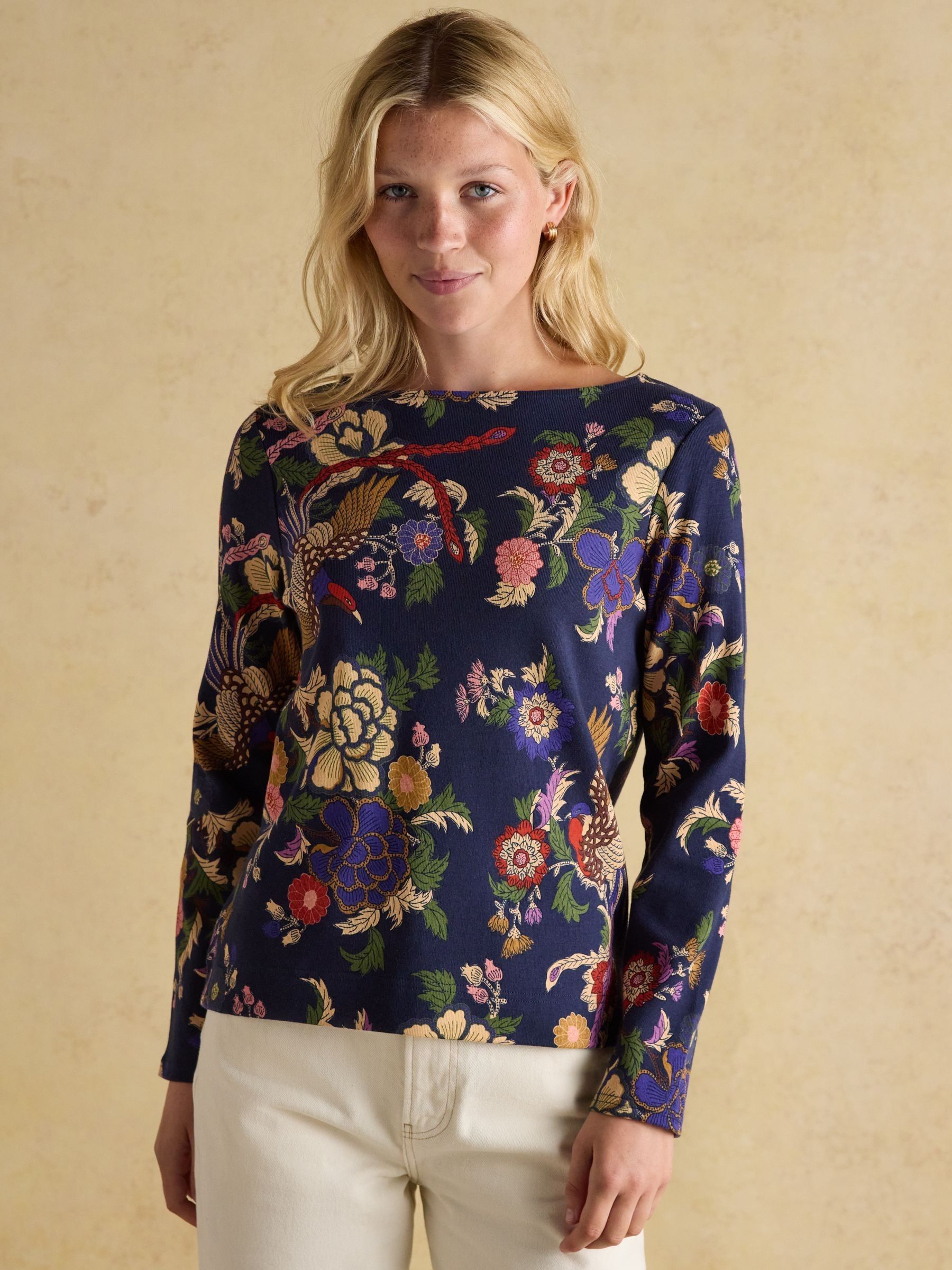 Harbour Navy Bird Floral Boat Neck Printed Top Joules