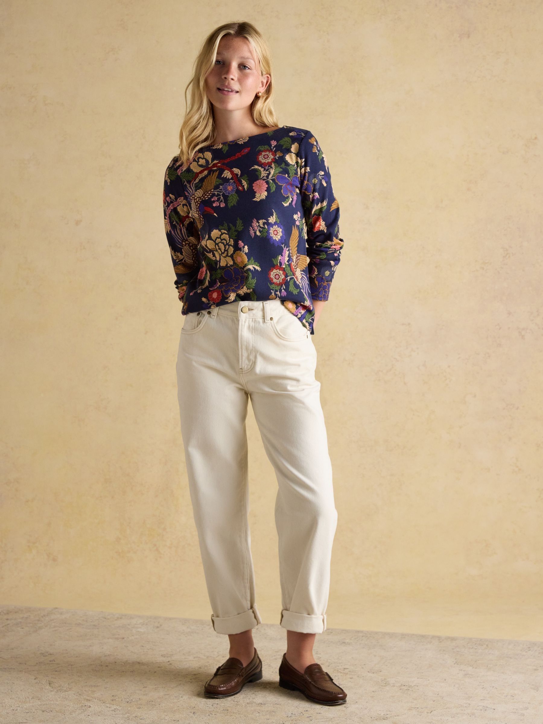 Harbour Navy Bird Floral Boat Neck Printed Top - Image 4 of 8