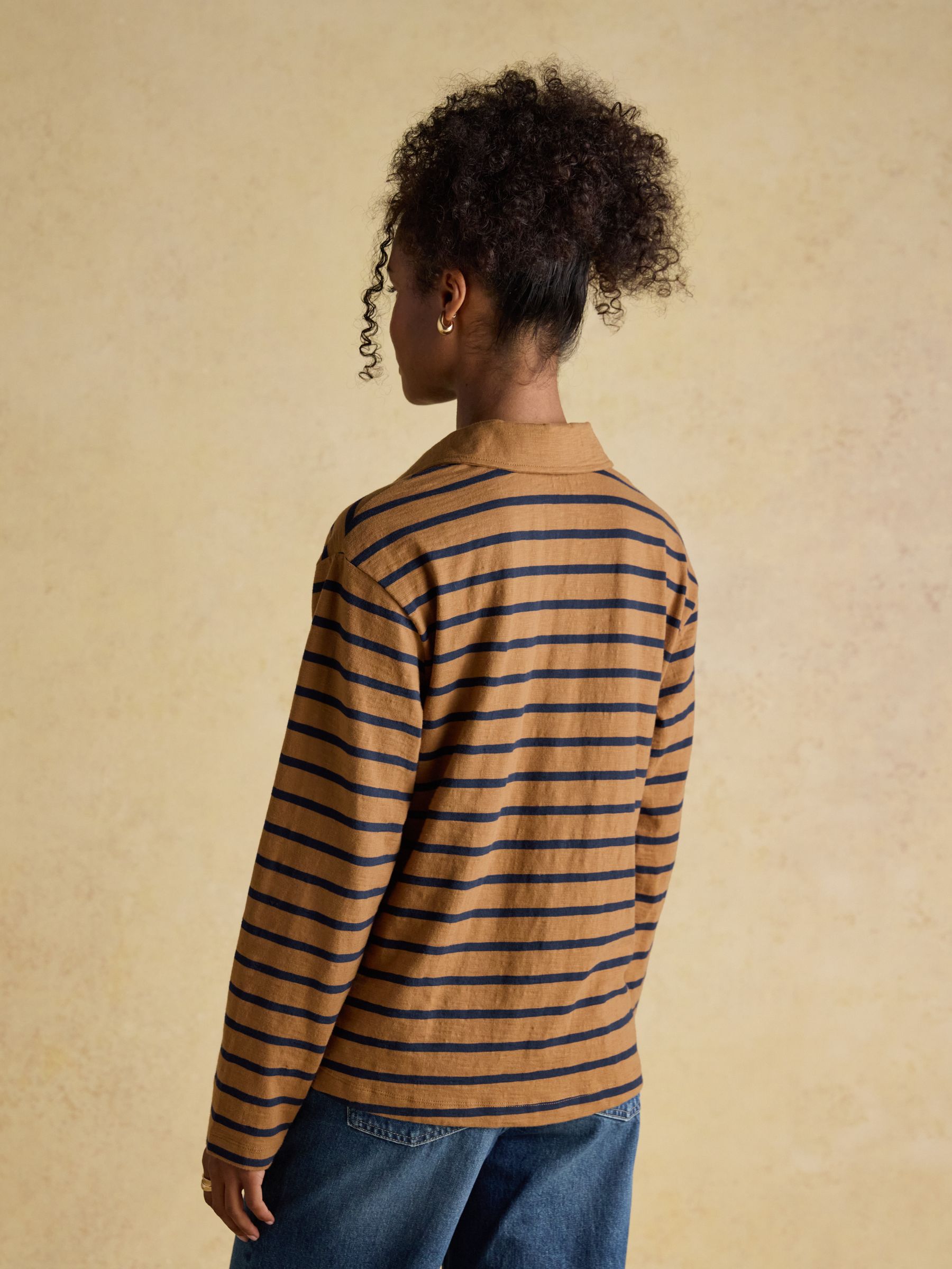 Tallie Brown & Navy Combed Cotton Slub Collared Top - Image 4 of 10