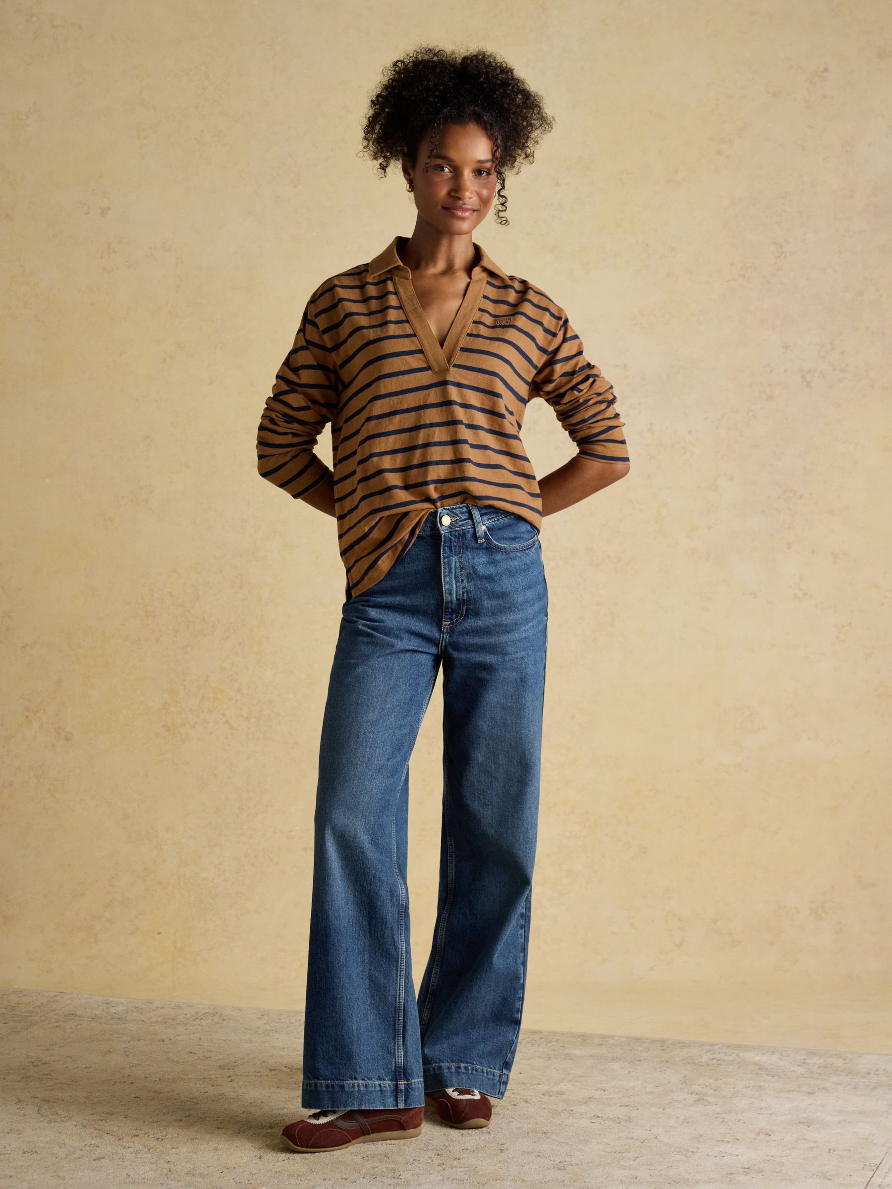 Tallie Brown & Navy Combed Cotton Slub Collared Top - Image 5 of 10