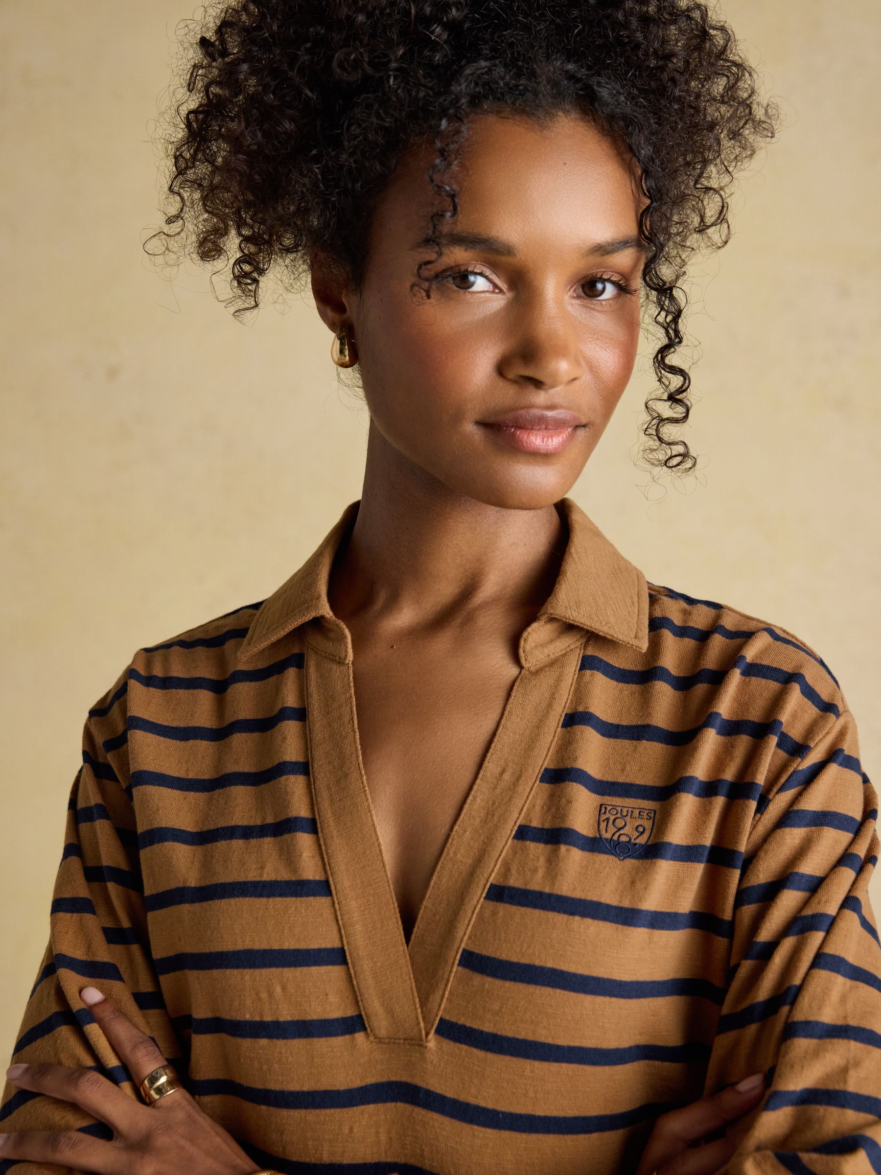 Tallie Brown & Navy Combed Cotton Slub Collared Top - Image 6 of 10