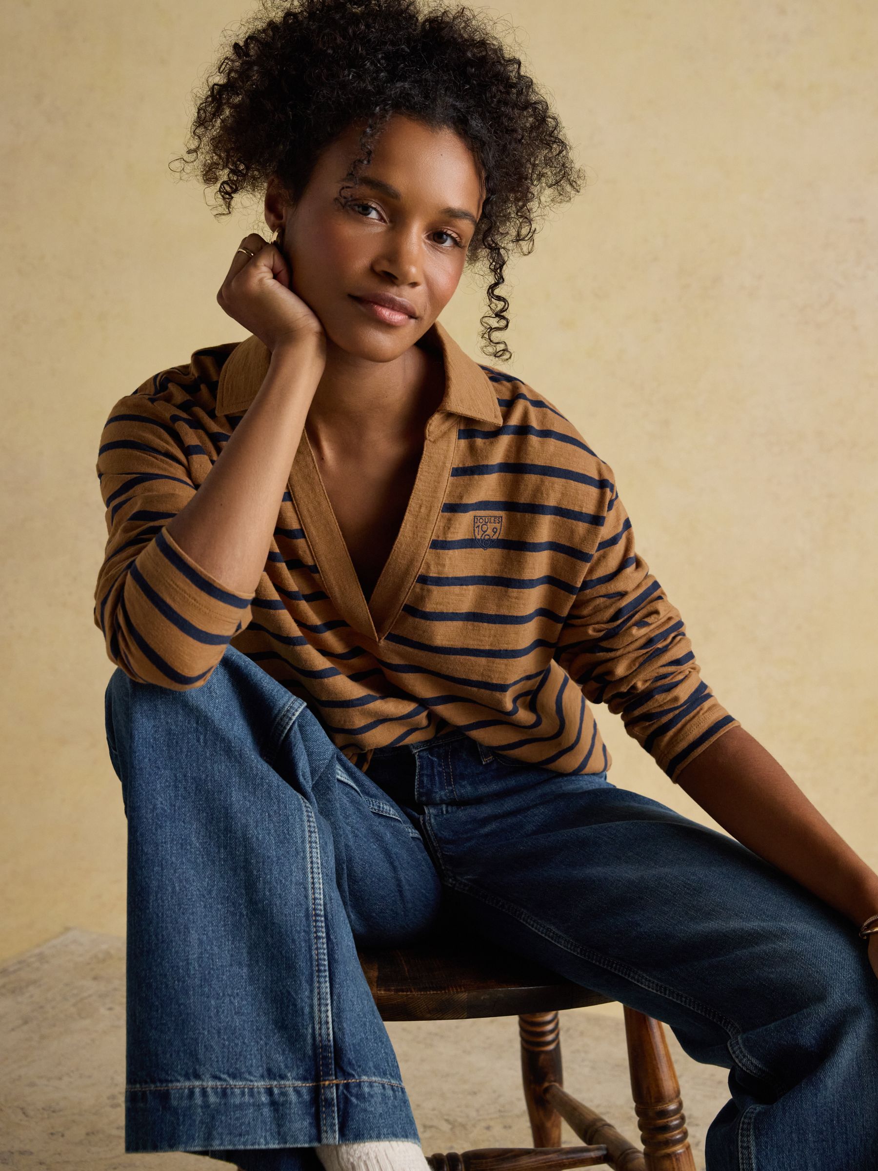 Tallie Brown & Navy Combed Cotton Slub Collared Top - Image 7 of 10