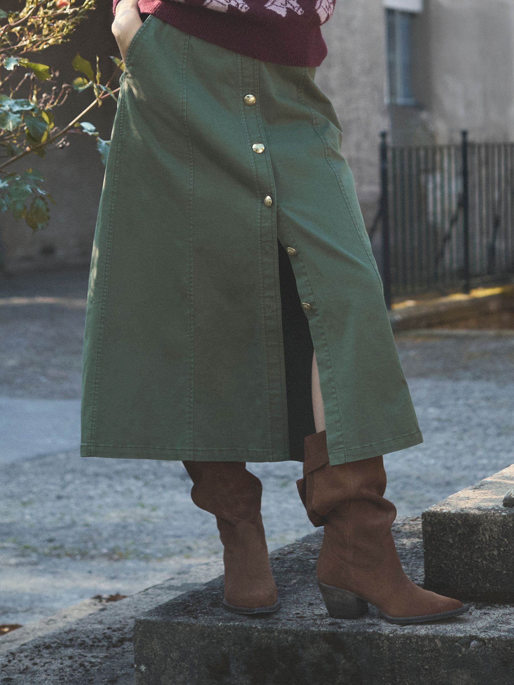 Twyla Khaki Green Midi Chino Skirt - Image 1 of 9