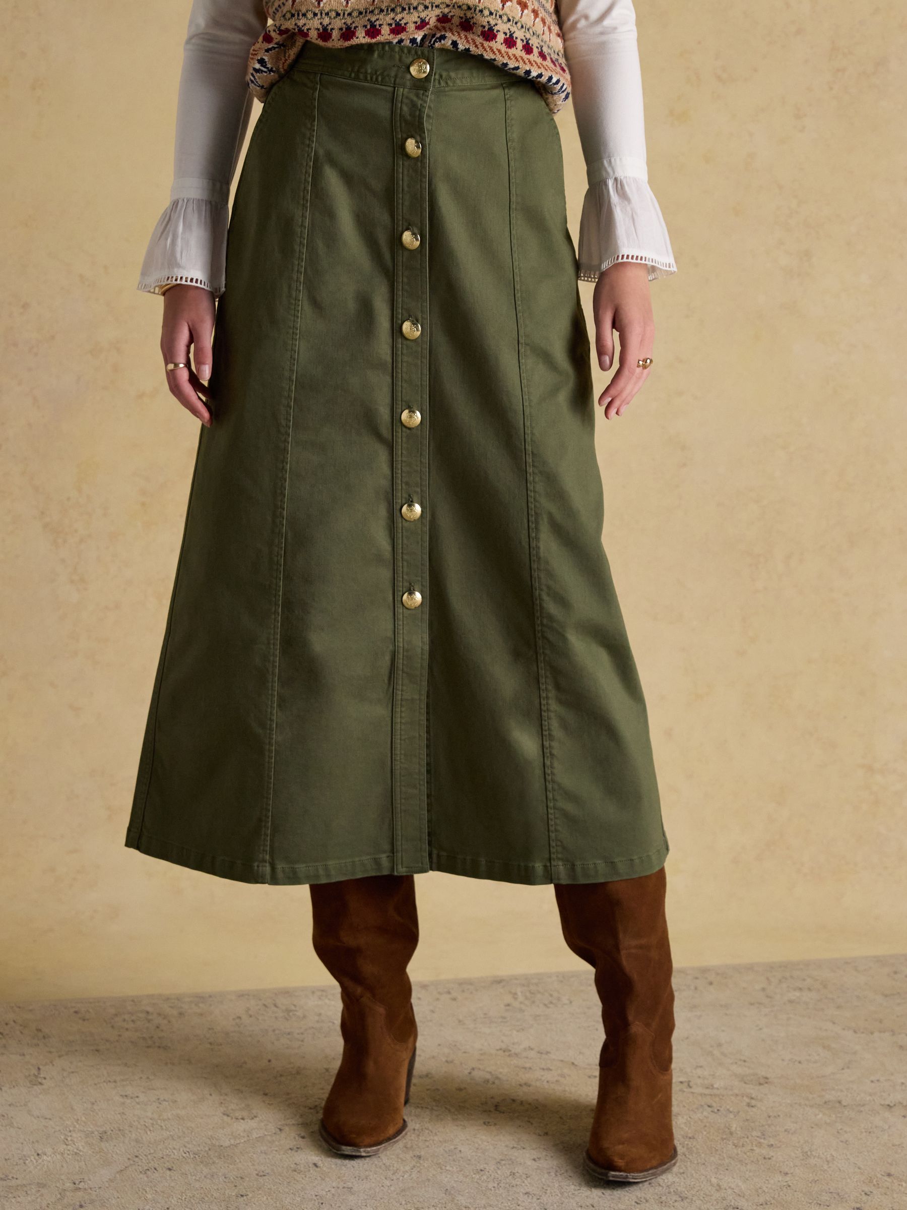 Twyla Khaki Green Midi Chino Skirt - Image 3 of 9