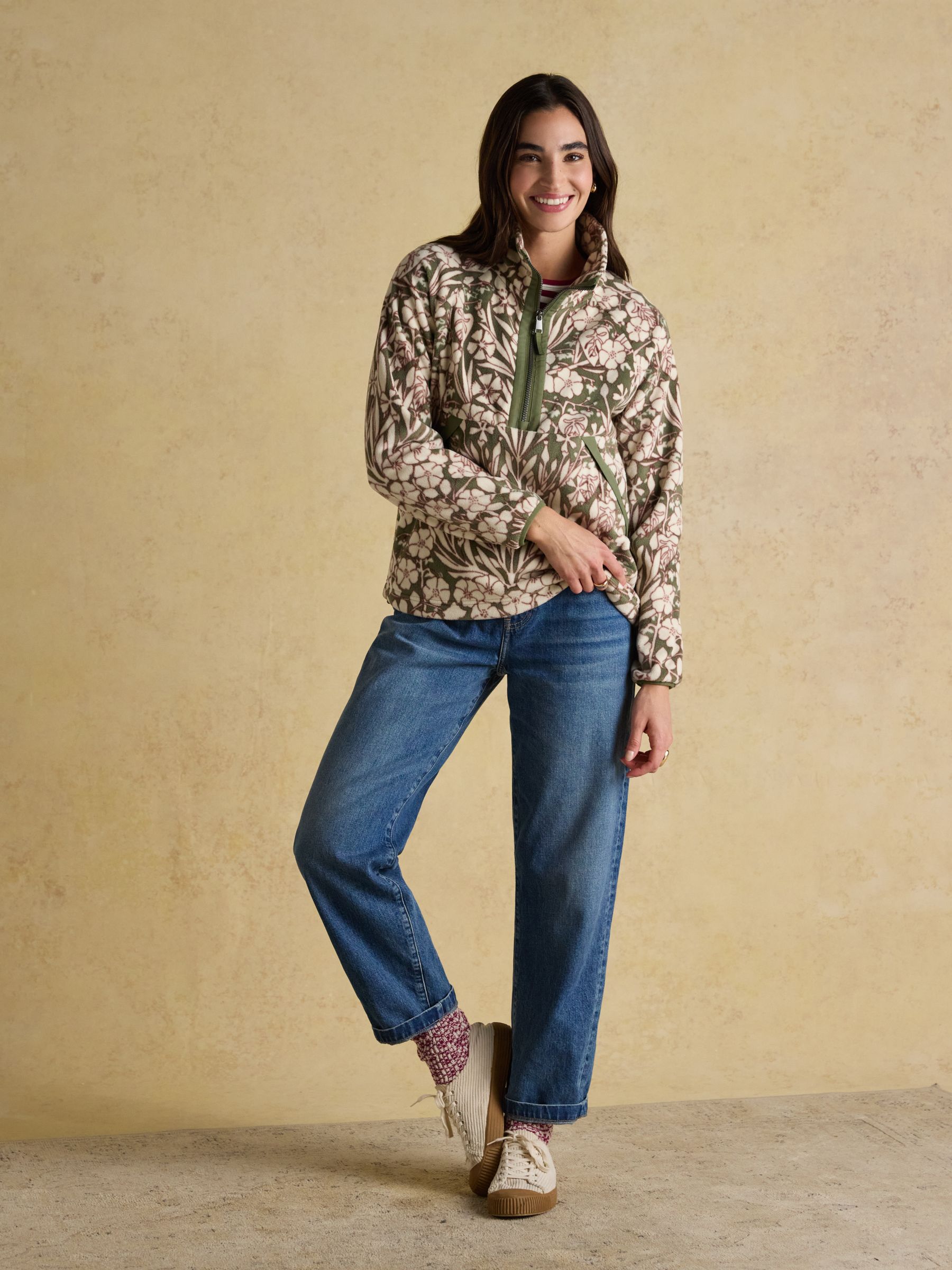 Olivia Green Floral Quarter Zip Fleece | Joules