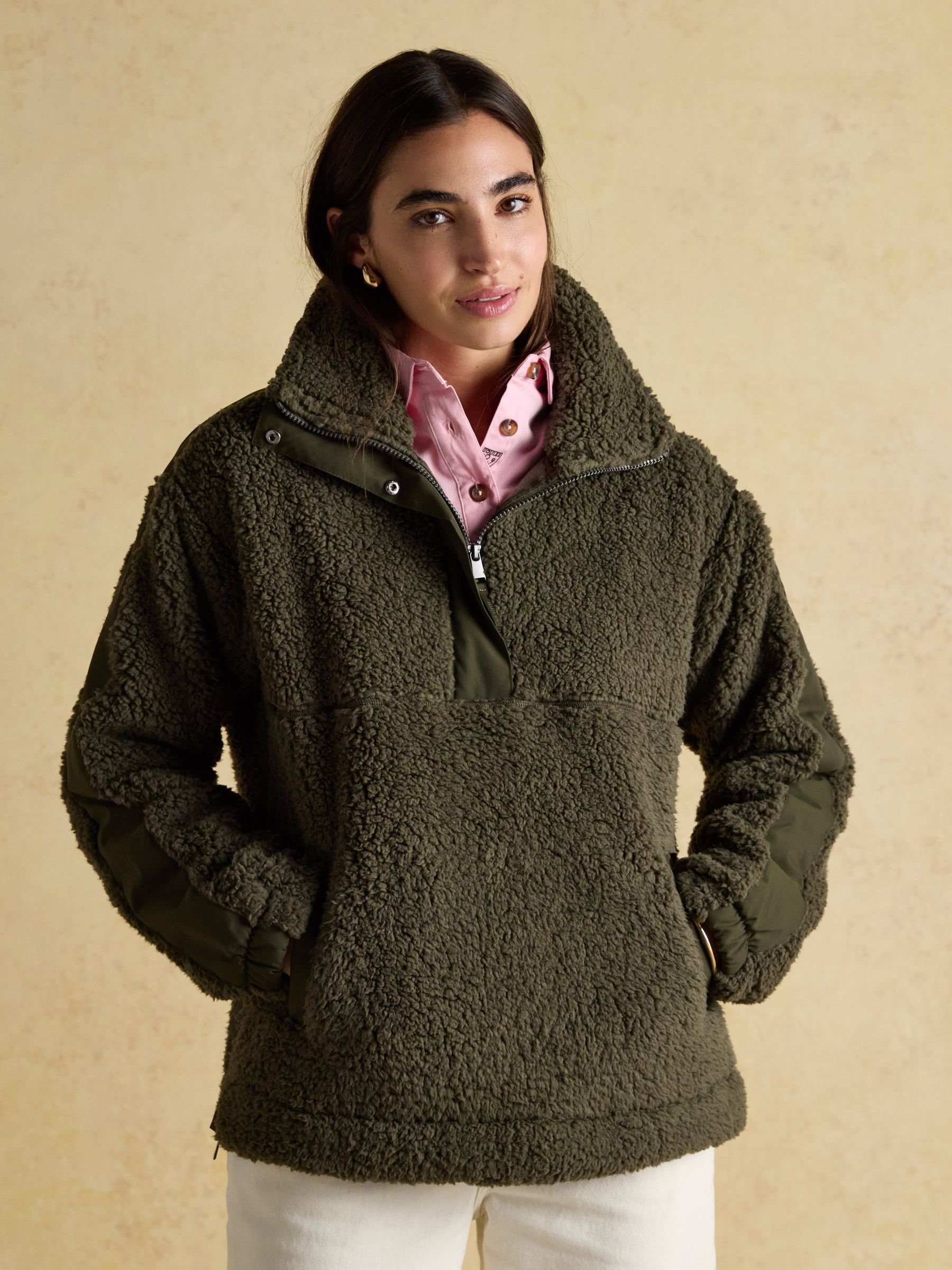 Tilly Khaki Green Quarter Zip Borg Fleece | Joules