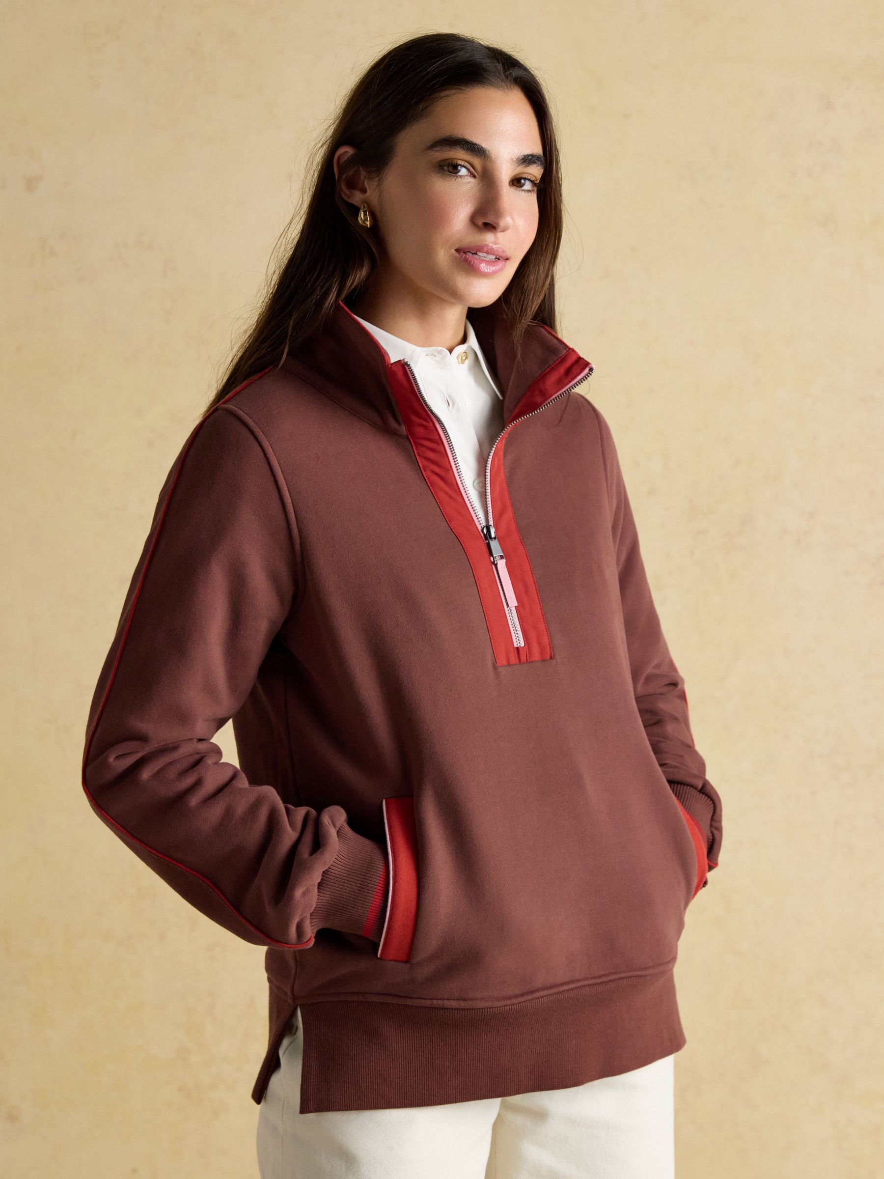 Bronte Brown Funnel Neck Quarter Zip Cotton Sweatshirt - Image 1 of 8