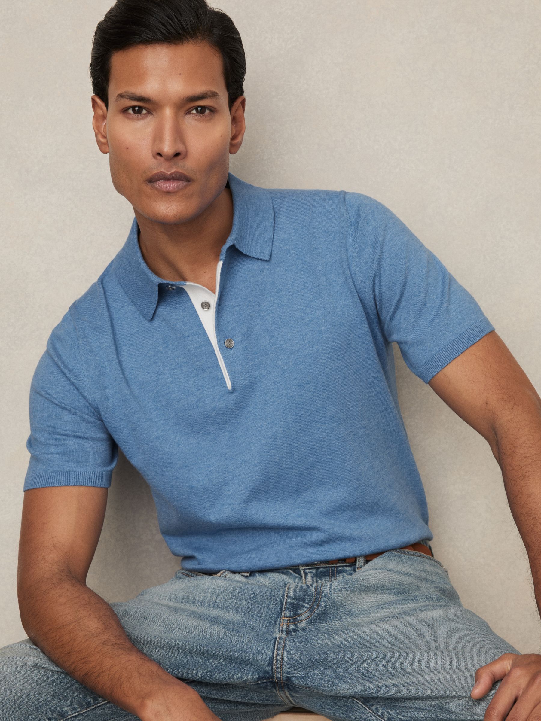 Contrast Placket Polo Shirt With Cotton in Blue - Image 1 of 6