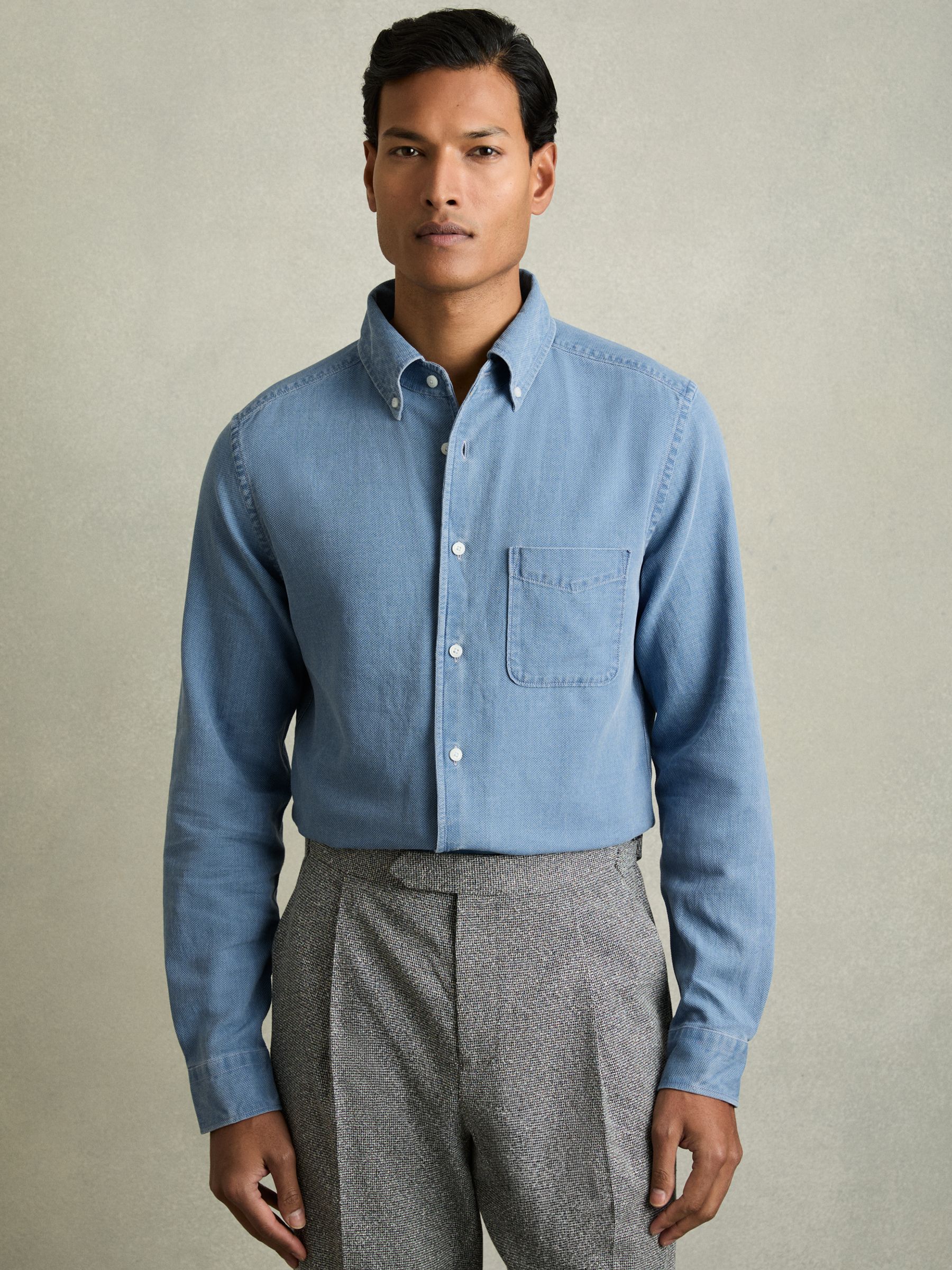 Denim Piqué Button-Through Shirt in Indigo Blue - Image 1 of 6
