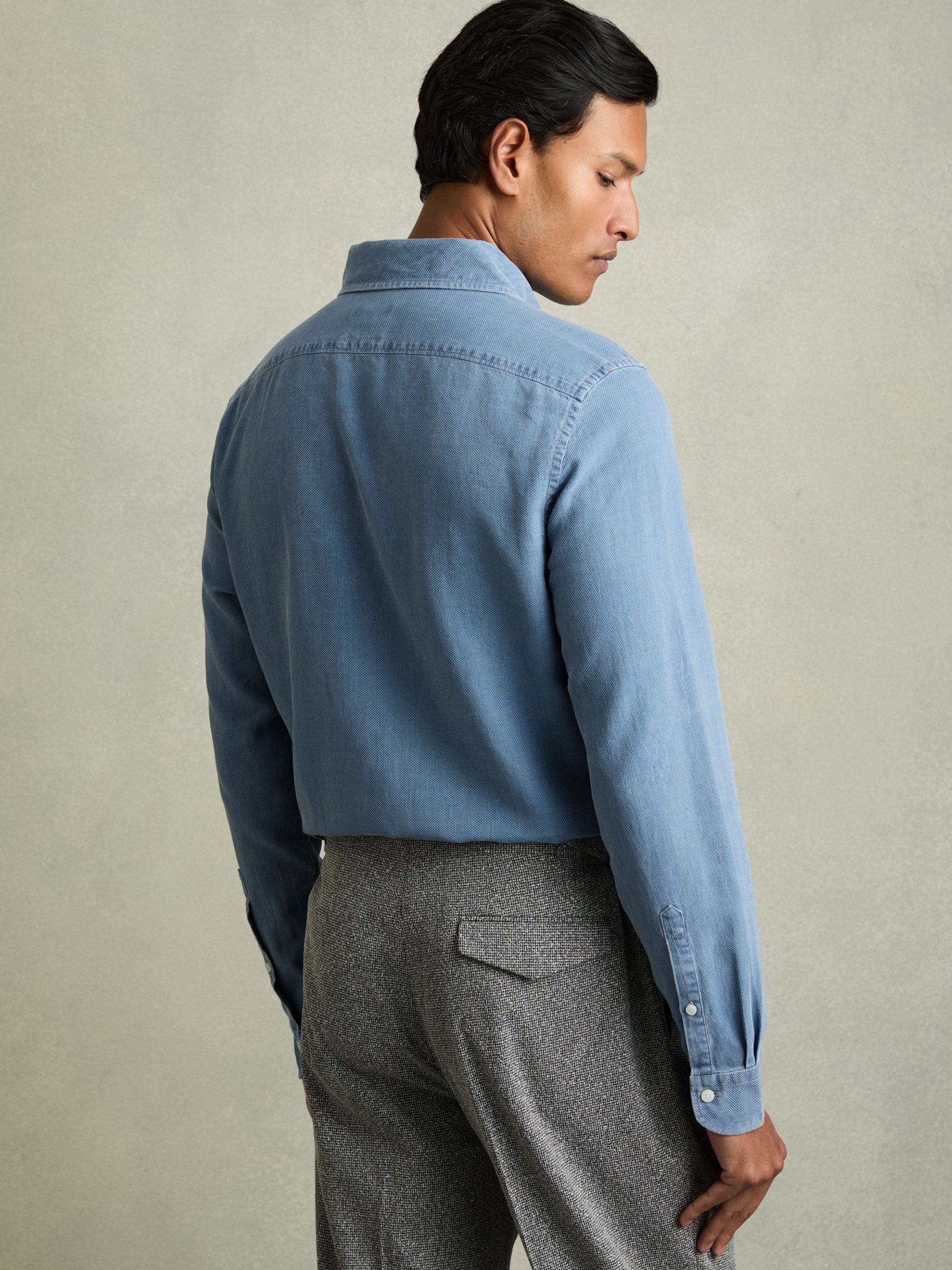 Denim Piqué Button-Through Shirt in Indigo Blue - Image 3 of 6