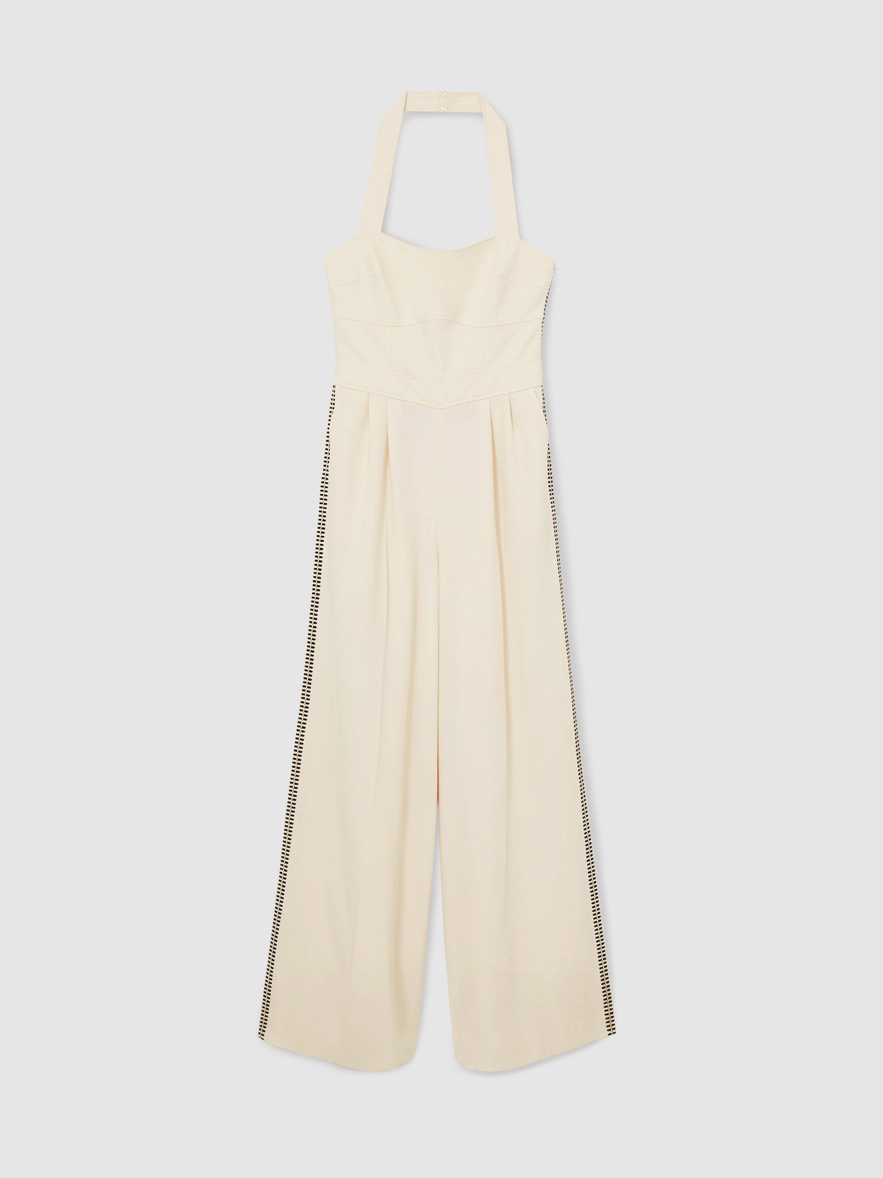Embroidery Halterneck Wide-Leg Jumpsuit in Cream - Image 3 of 8