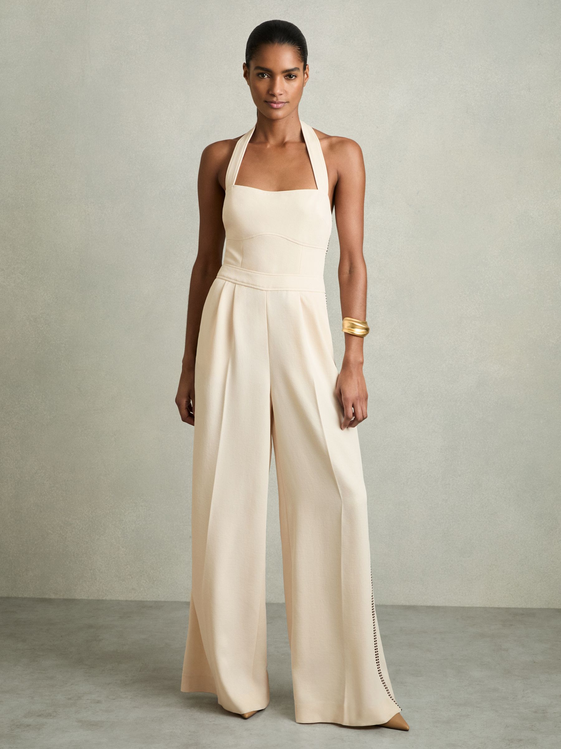 Embroidery Halterneck Wide-Leg Jumpsuit in Cream - Image 7 of 8