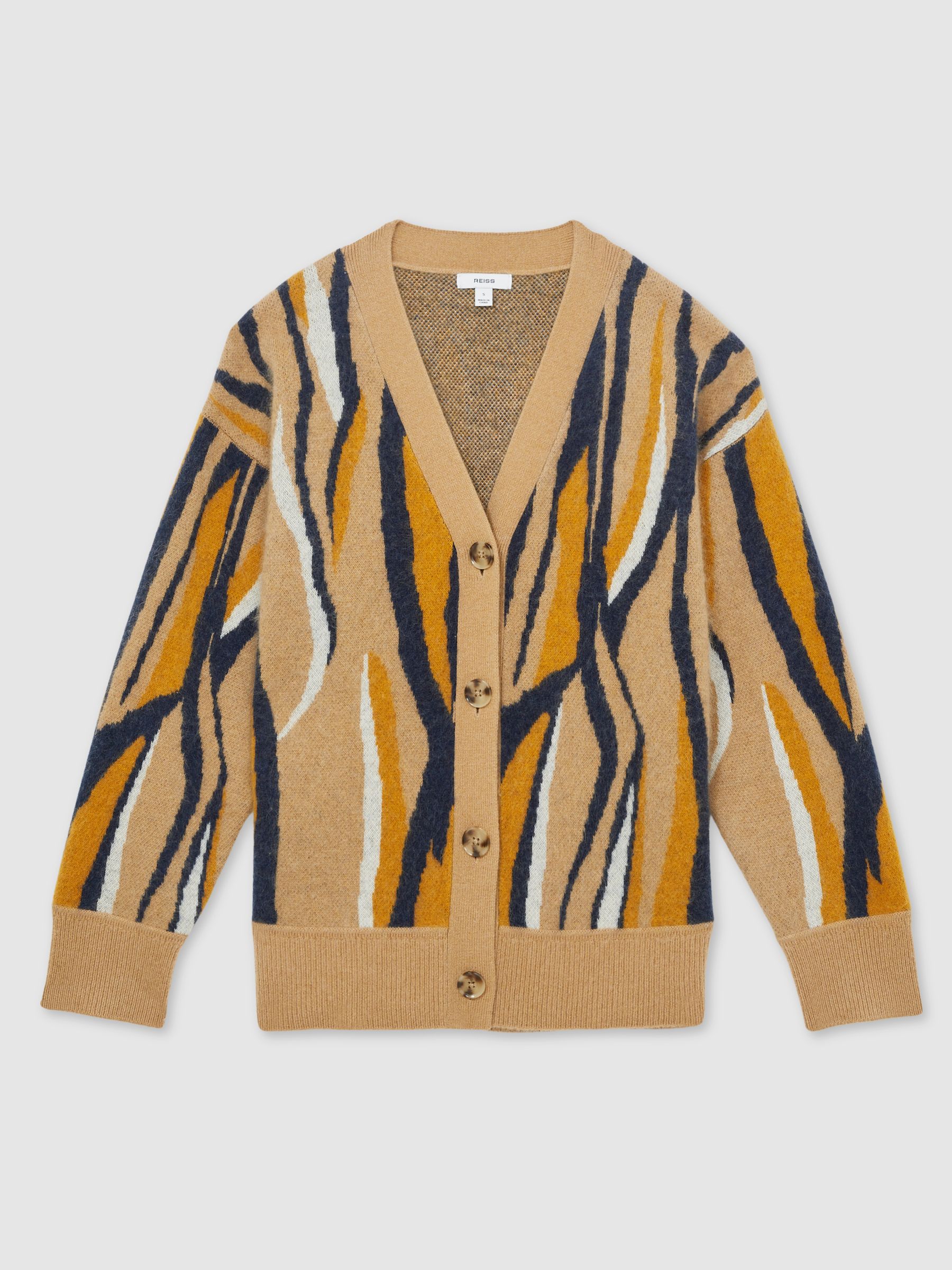 Wool Cashmere Intarsia Stripe Cardigan in Camel - Image 2 of 6