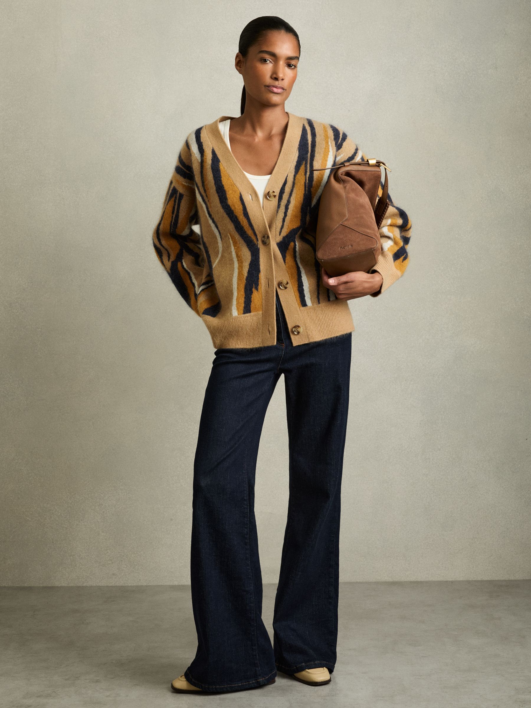 Wool Cashmere Intarsia Stripe Cardigan in Camel - Image 3 of 6