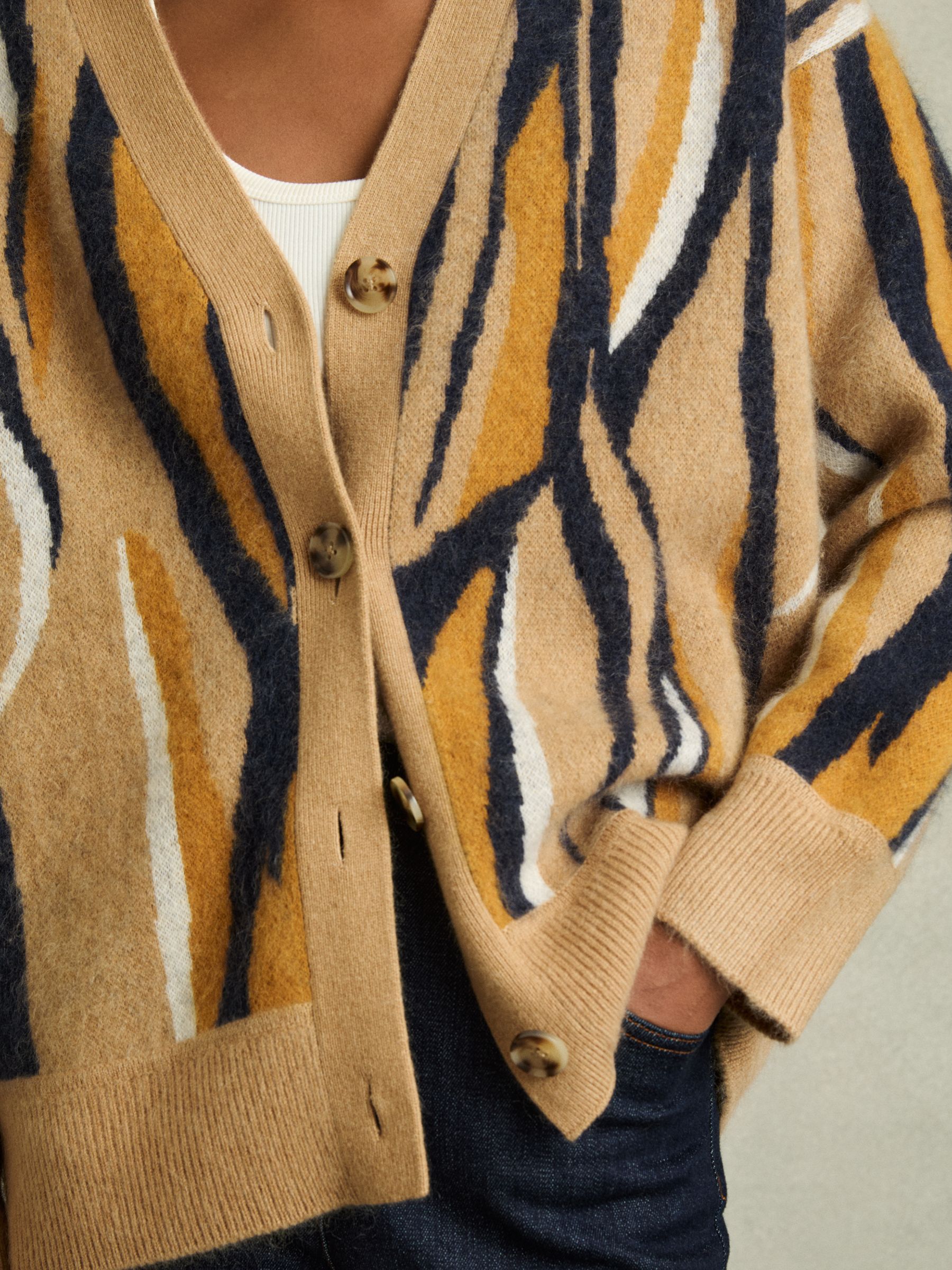 Wool Cashmere Intarsia Stripe Cardigan in Camel - Image 4 of 6