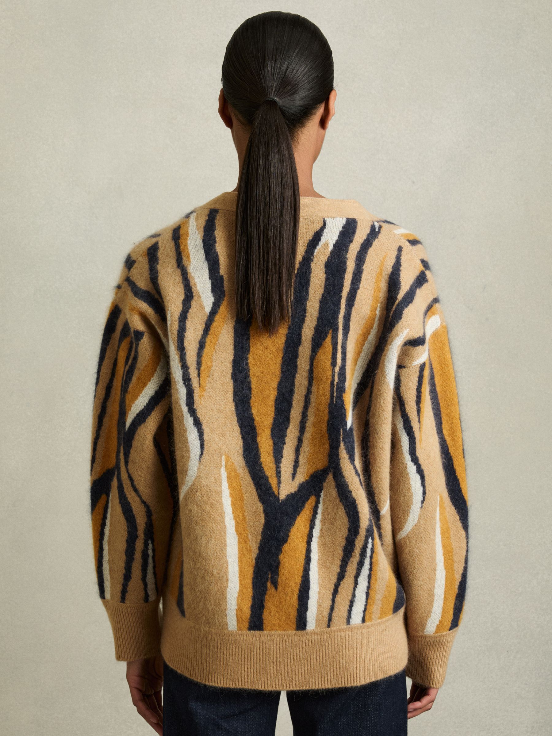 Wool Cashmere Intarsia Stripe Cardigan in Camel - Image 5 of 6