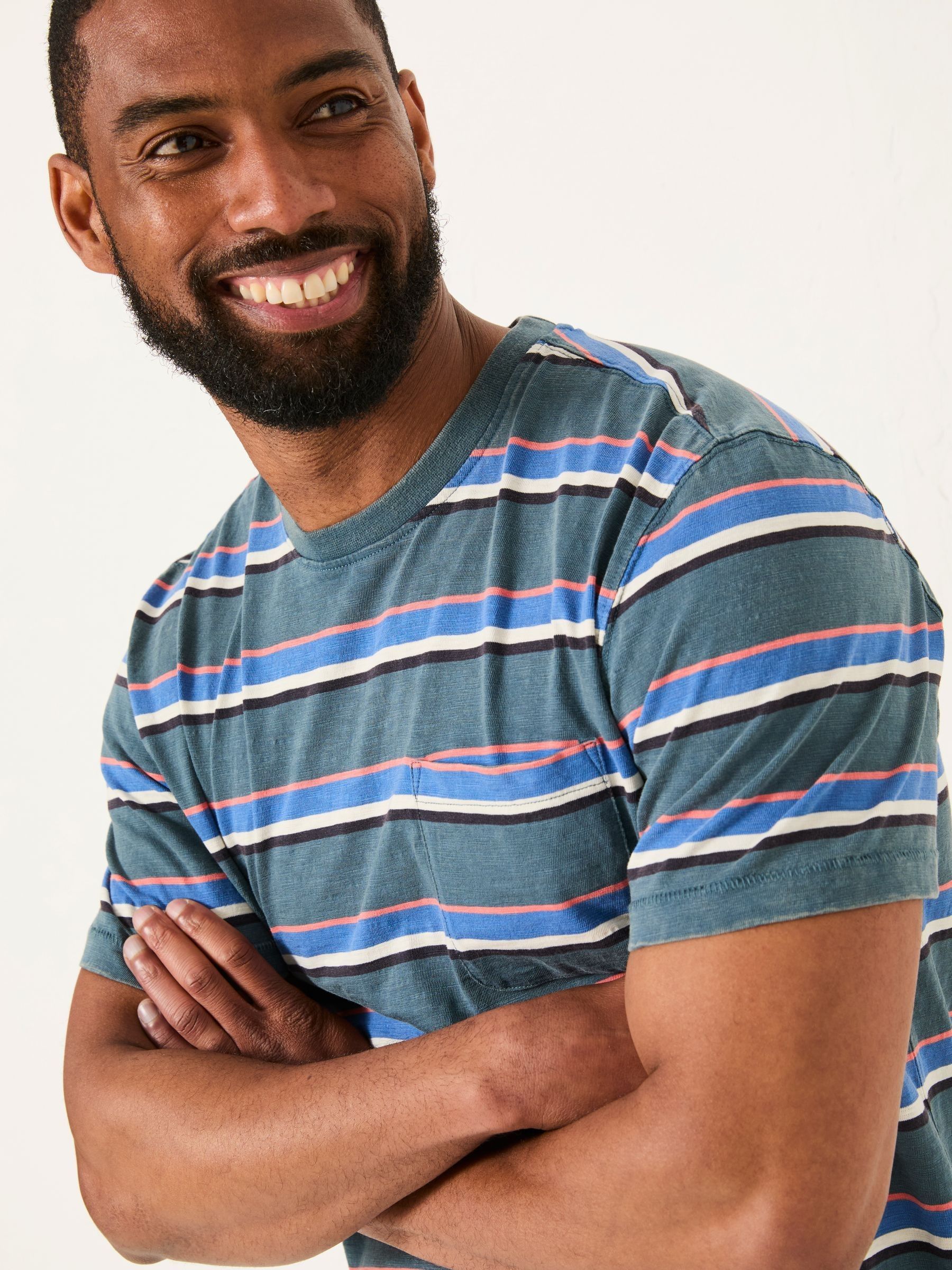 Studland Dark Teal Blue Stripe Pocket T-Shirt - Image 4 of 5