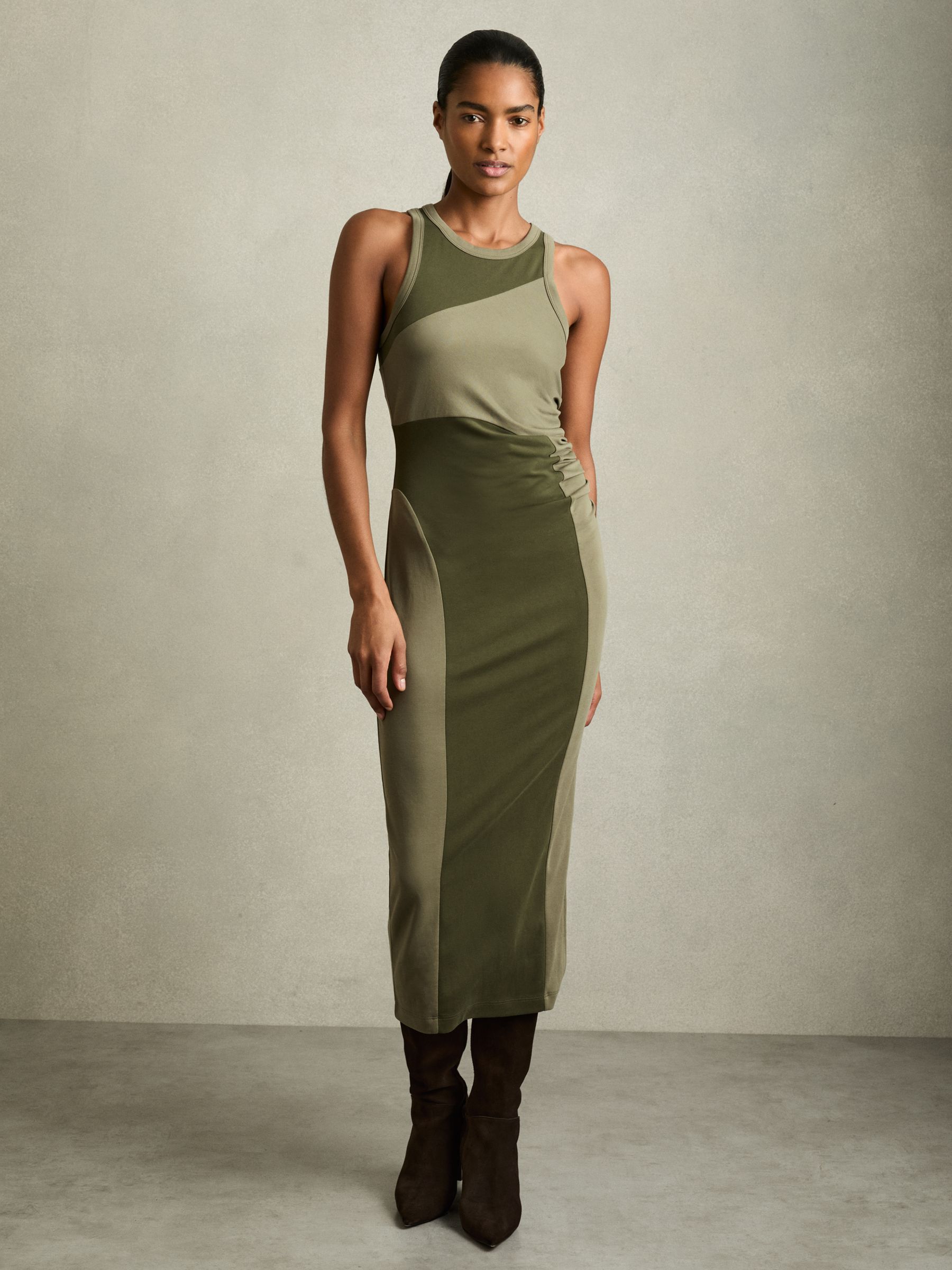 Colourblock Jersey Bodycon Dress in Khaki - Image 1 of 6