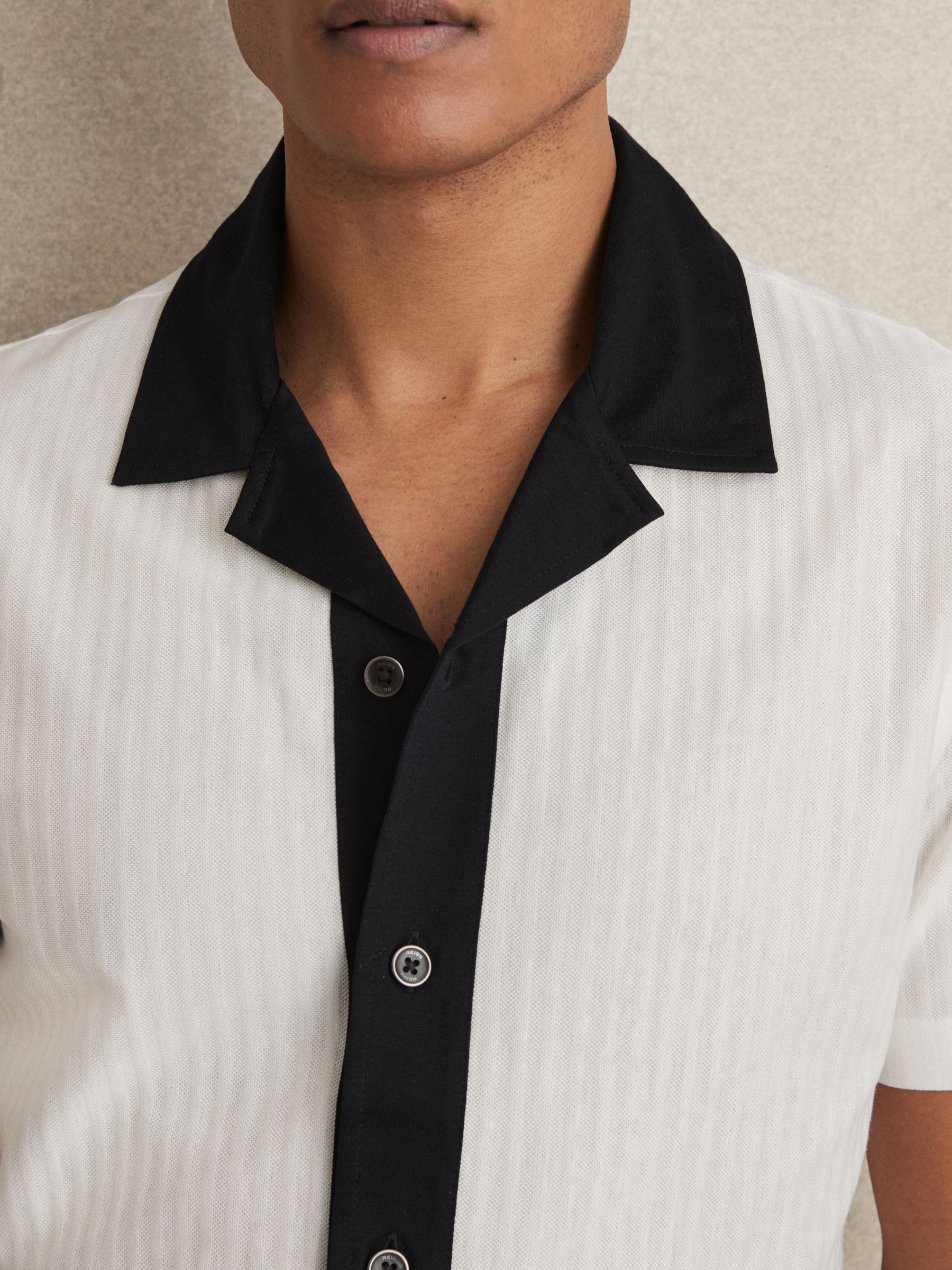 Cotton Textured Colour-Block Shirt in White/Navy - image 3