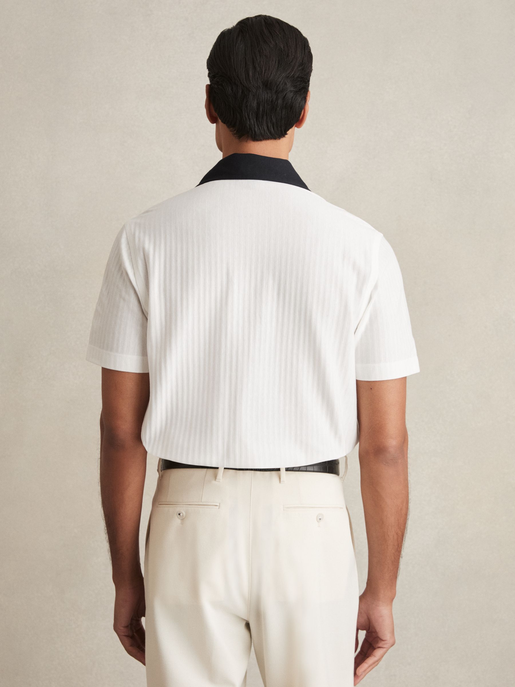 Cotton Textured Colour-Block Shirt in White/Navy - image 4