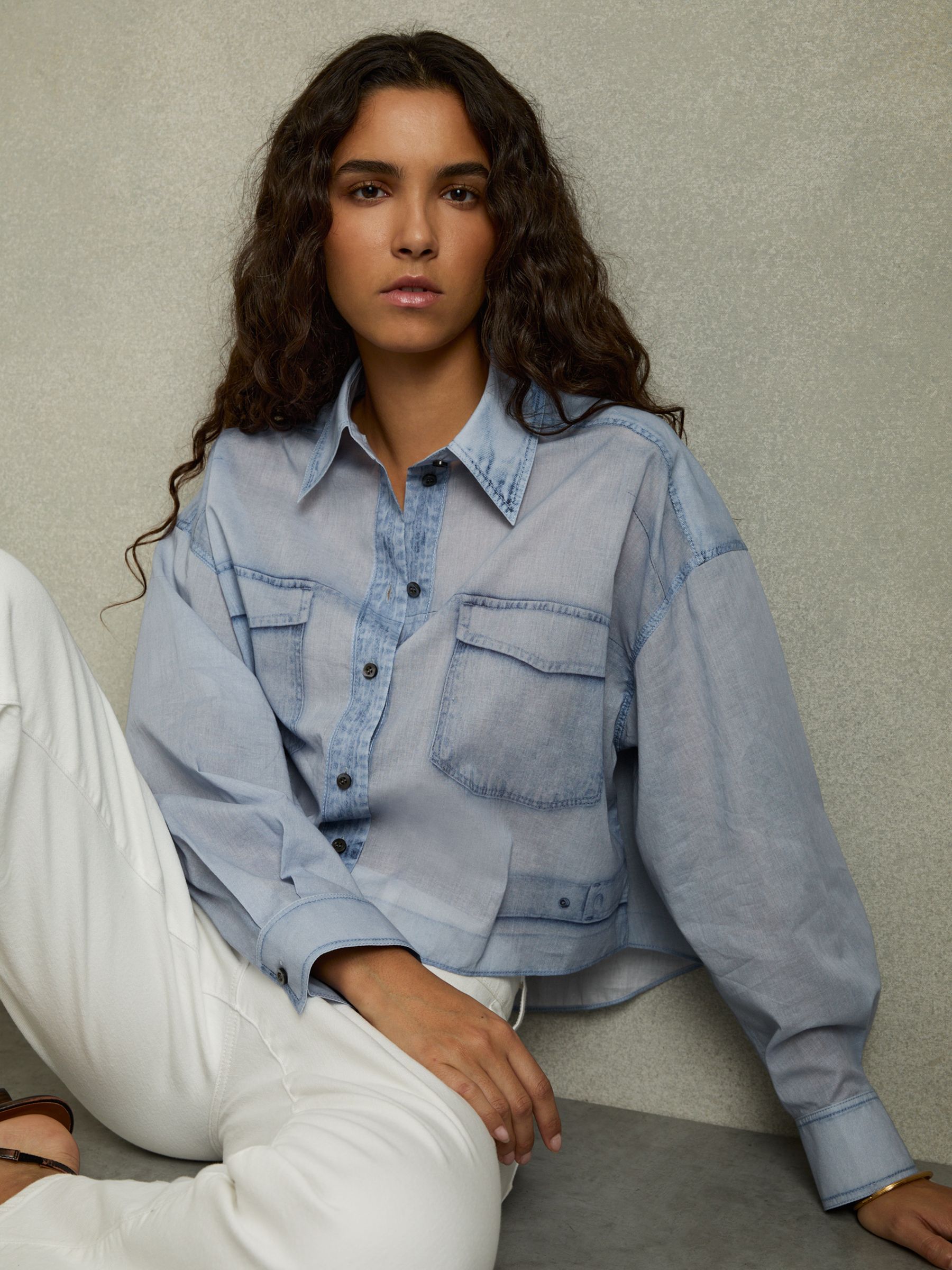 Cotton Denim-Print Cropped Shirt in Blue - Image 1 of 6