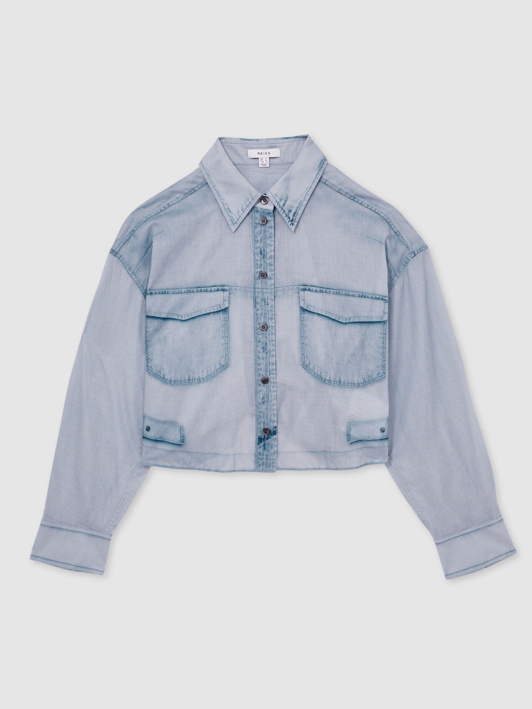 Cotton Denim-Print Cropped Shirt in Blue - Image 2 of 6