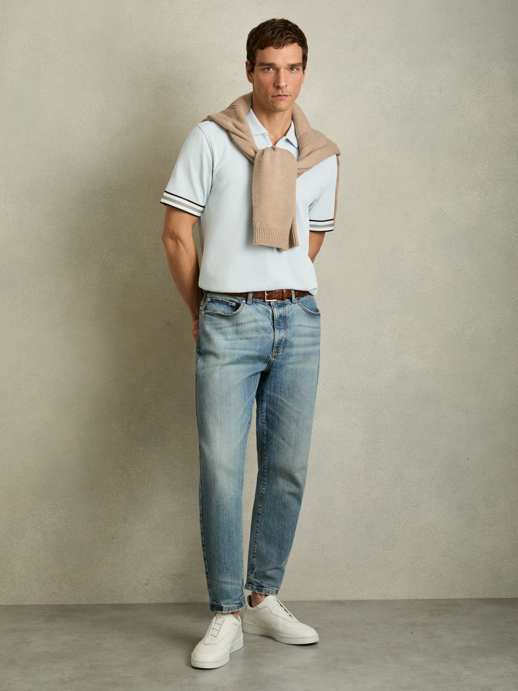 Reiss Textured Contrast Trim Half-Zip Polo Shirt in Ice Blue | REISS