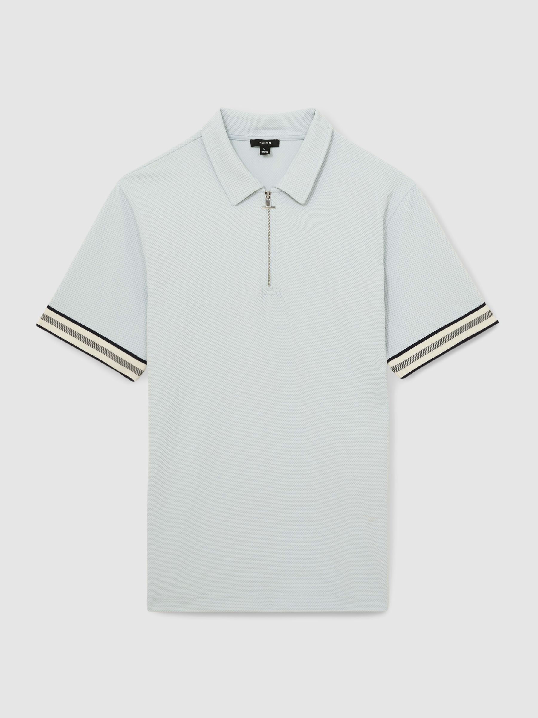 Textured Contrast Trim Half-Zip Polo Shirt in Ice Blue - Image 2 of 6