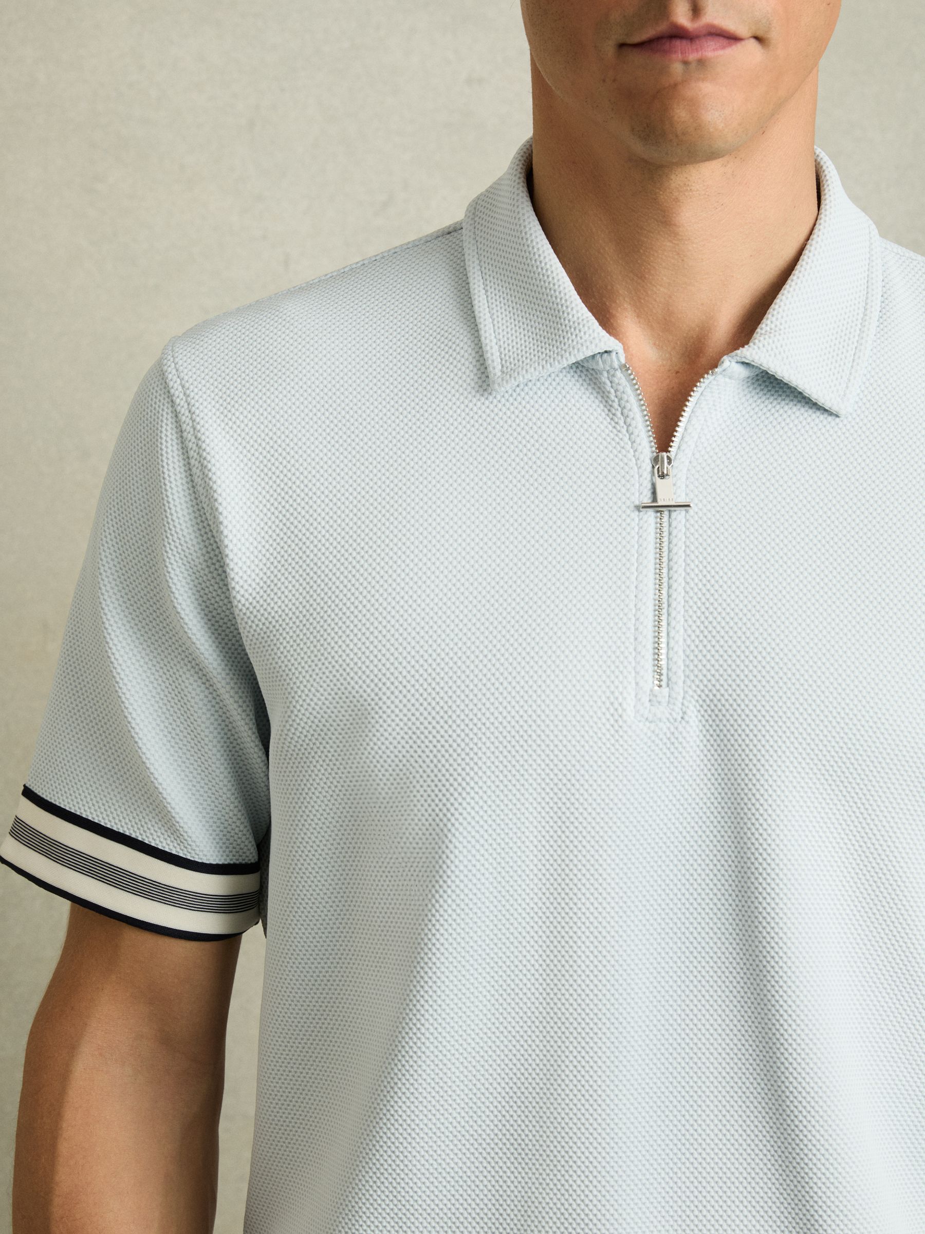 Textured Contrast Trim Half-Zip Polo Shirt in Ice Blue - Image 4 of 6